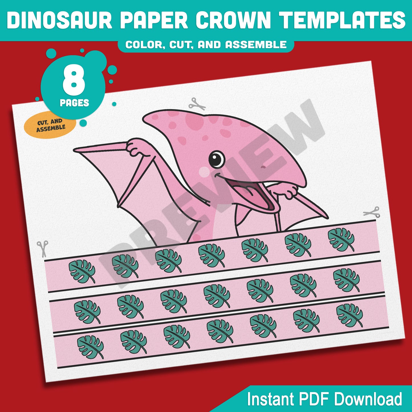 Dinosaur Paper Crowns for Kids – 4 Printable Hat and Headband Designs in Color and Black & White, 8-Page Craft Download, PDF Format