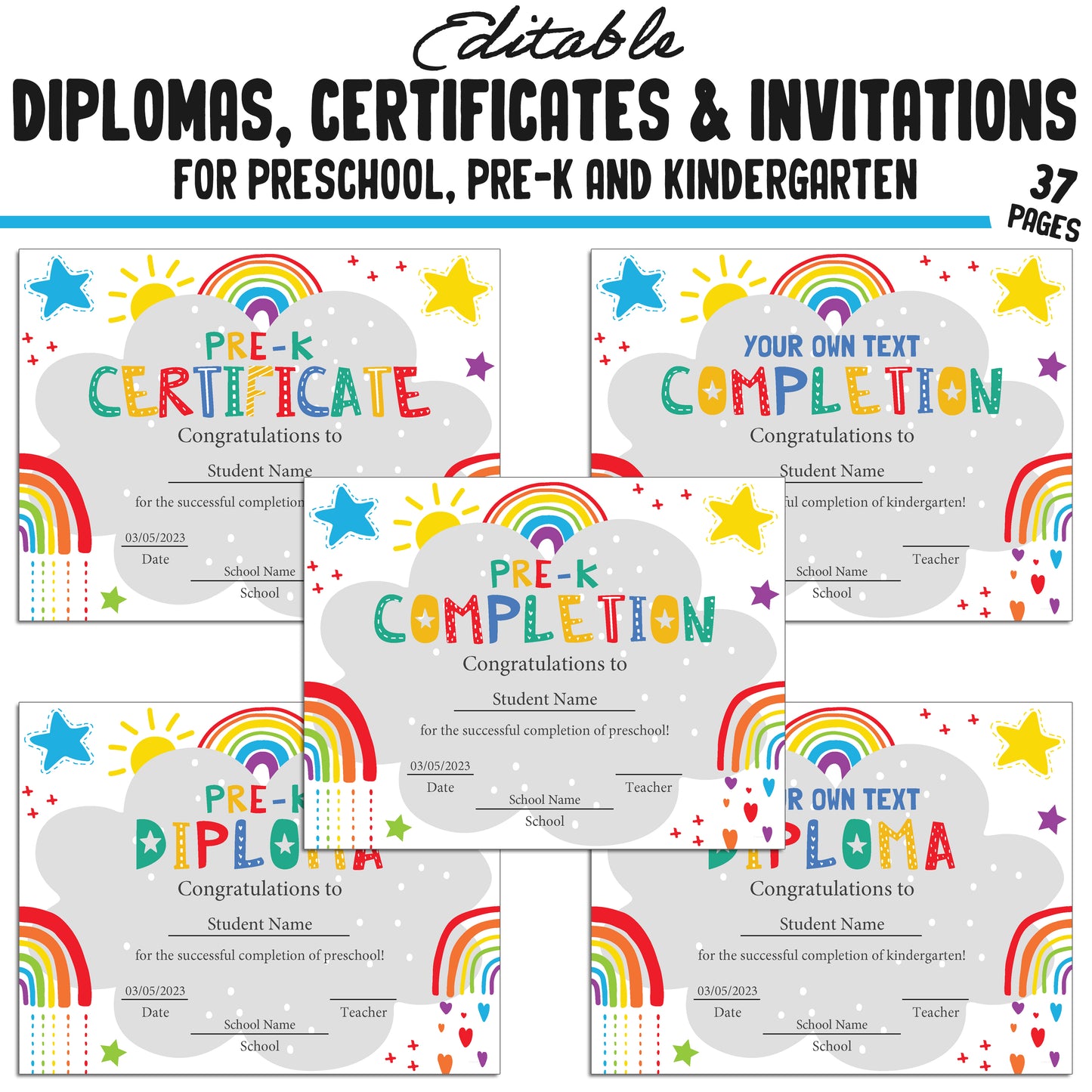 37 Editable Printable Pre-K, Kindergarten, and Preschool Diplomas, Certificates, and Invitation Templates (PDF File) - Instant Download