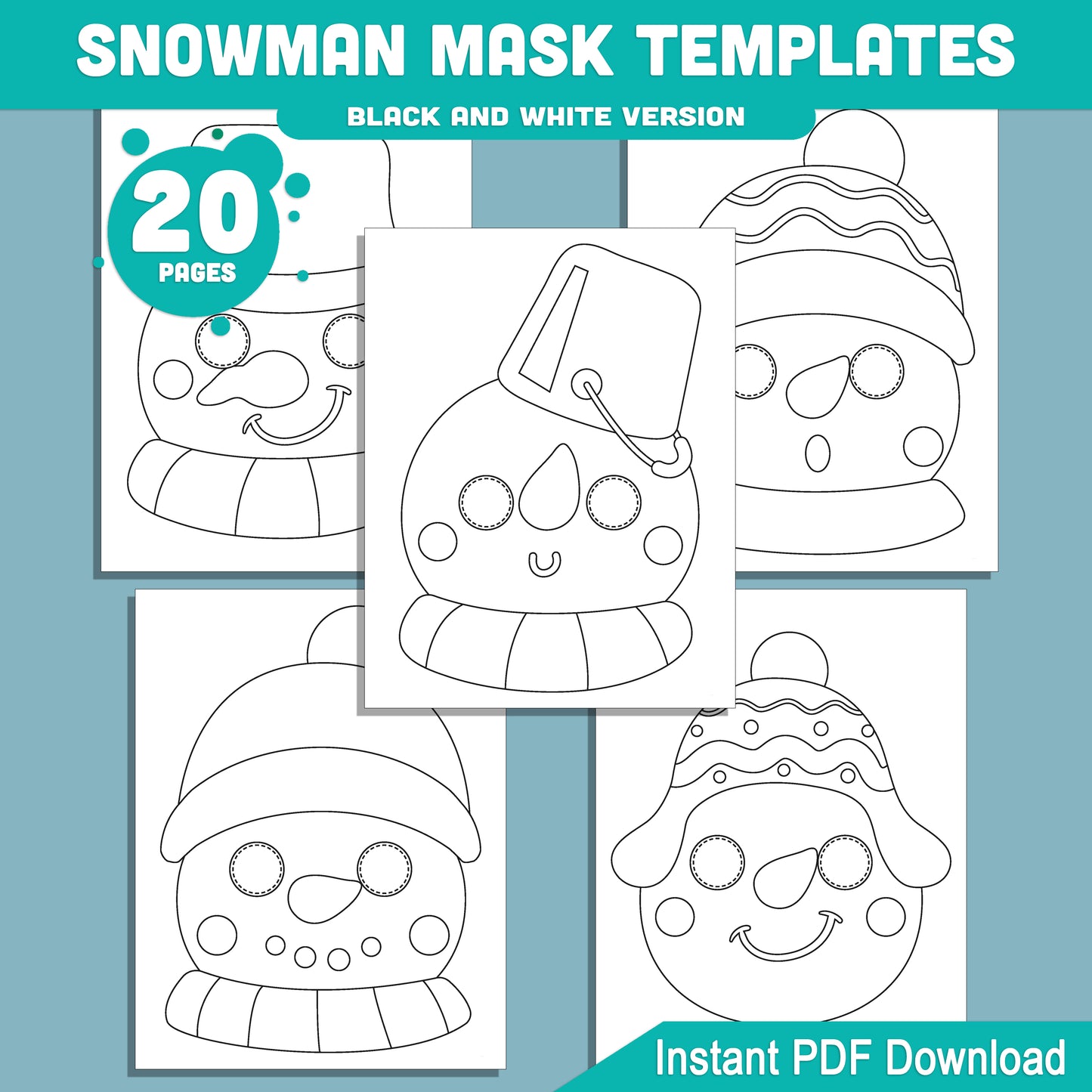 Printable Snowman Mask Templates: 10 Fun Holiday Paper Craft Designs for Kids, 20 Pages (10 Pre-Colored + 10 Black and White), Perfect for Classroom or Home