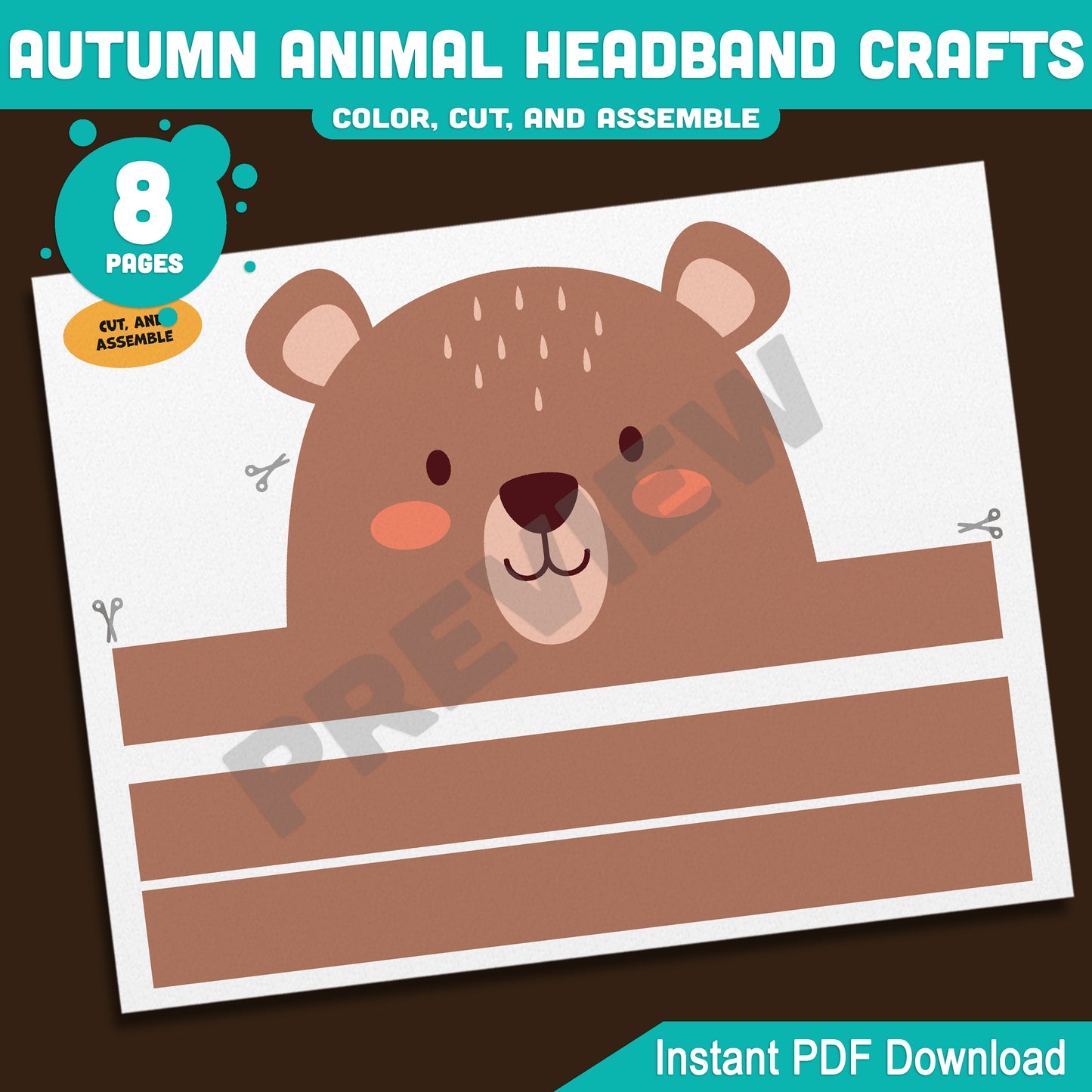 Printable Autumn Animal Headband Crafts, Fall Crown and Paper Hat Activity for Kids, Fun Color, Cut & Wear Craft, 5 Animal Designs, Black & White + Pre-colored, PDF