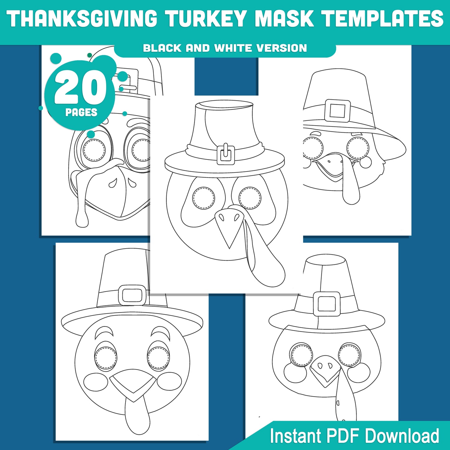 Printable Thanksgiving Turkey Mask Templates: Fun Fall Paper Craft for Kids, 10 Designs, Pre-Colored + Black and White, Perfect for Classroom Party or Family Craft