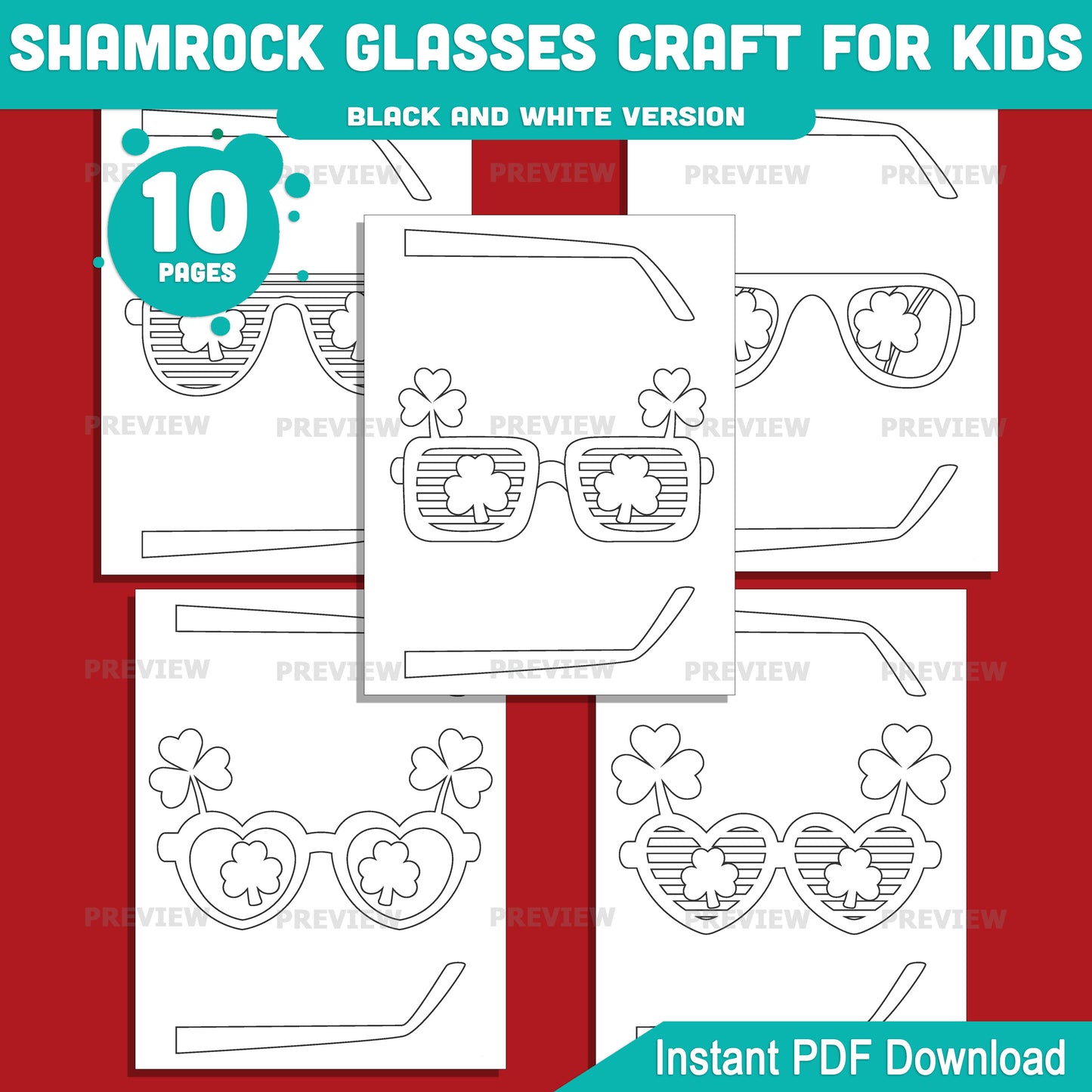 Printable Shamrock Glasses Craft for Kids, St. Patrick’s Day Glasses Craft Activity, 10 Shamrock Designs, Pre-Colored and Black White PDF