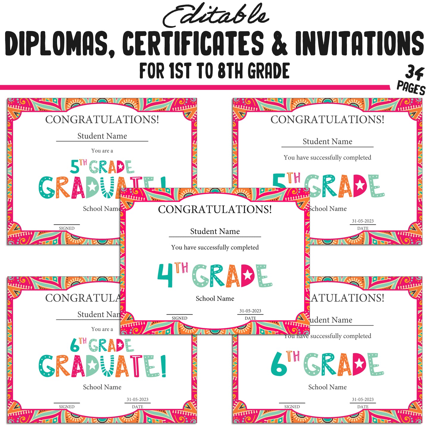 Printable 7th Grade Diplomas, Editable Certificates for 1st-8th Grades, Invitation Templates in Mandala Design, 34 Pages, Instant Download