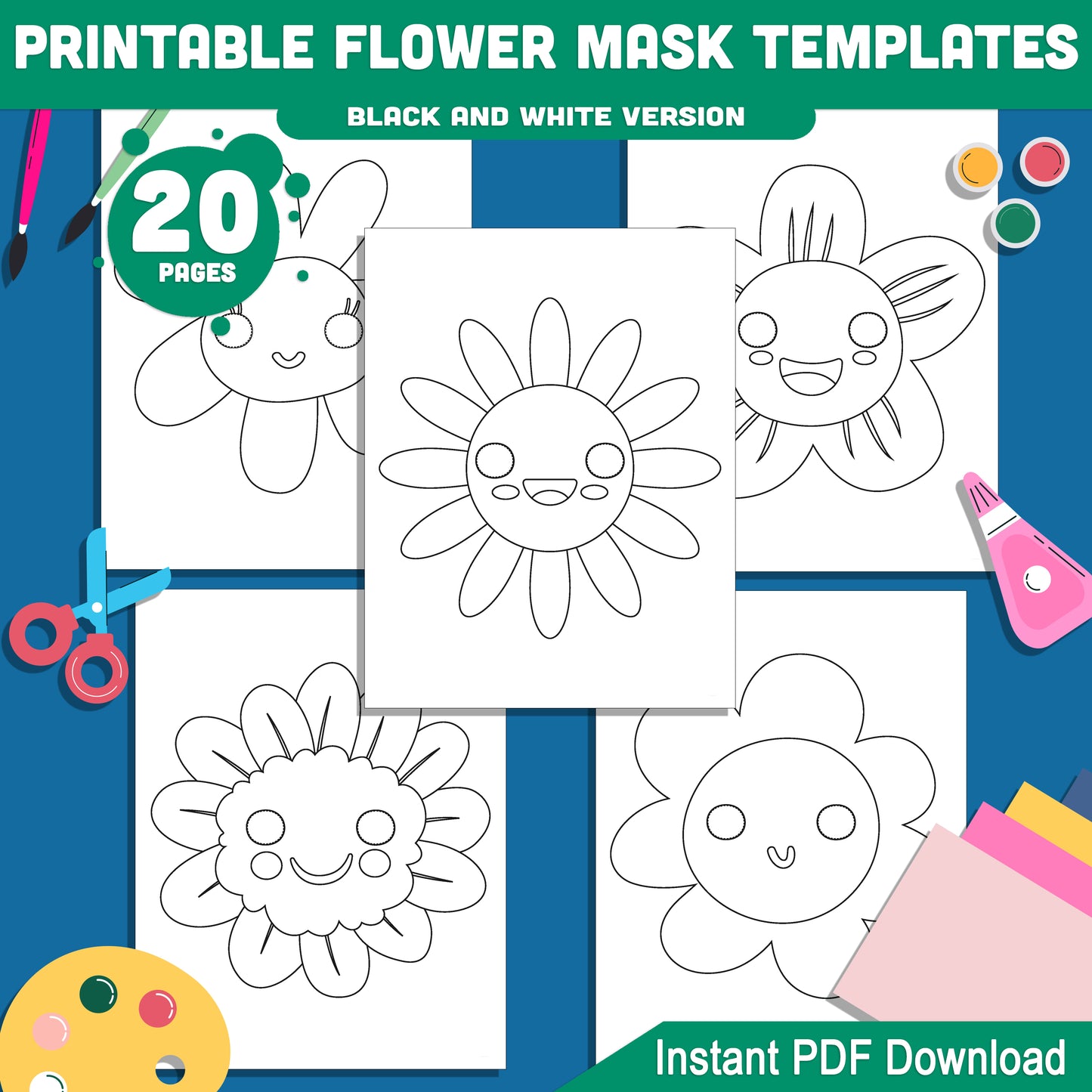 Flower Mask Printable Set: 20 Pages of DIY Spring Crafts for Kids, Pre-Colored + Black & White, Great for Costumes, Pretend Play, and Celebrations
