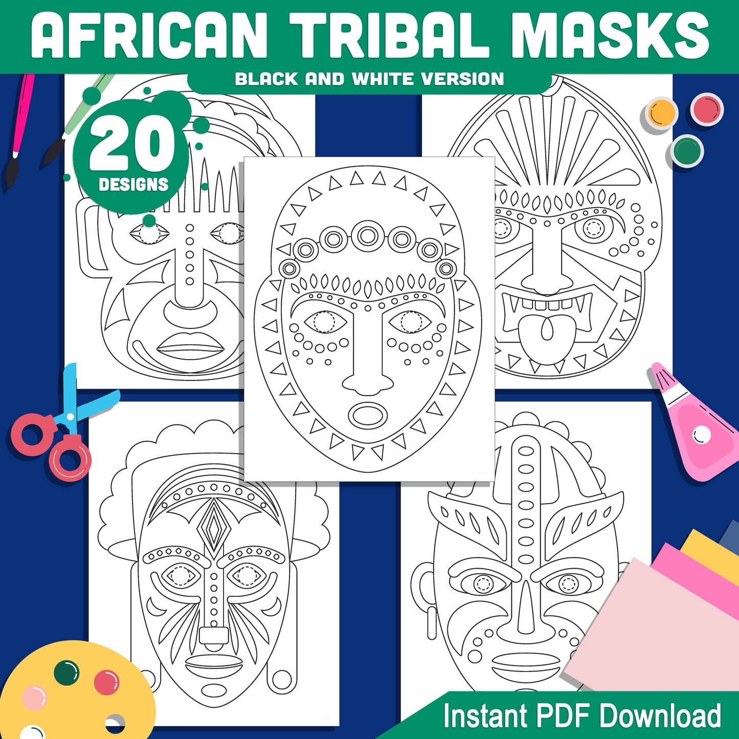 DIY African Tribal Mask Craft: 10 Unique Printable Designs, 20 Pages with Pre-Colored & Black and White Versions for Kids’ Cultural Art, Instant PDF Download
