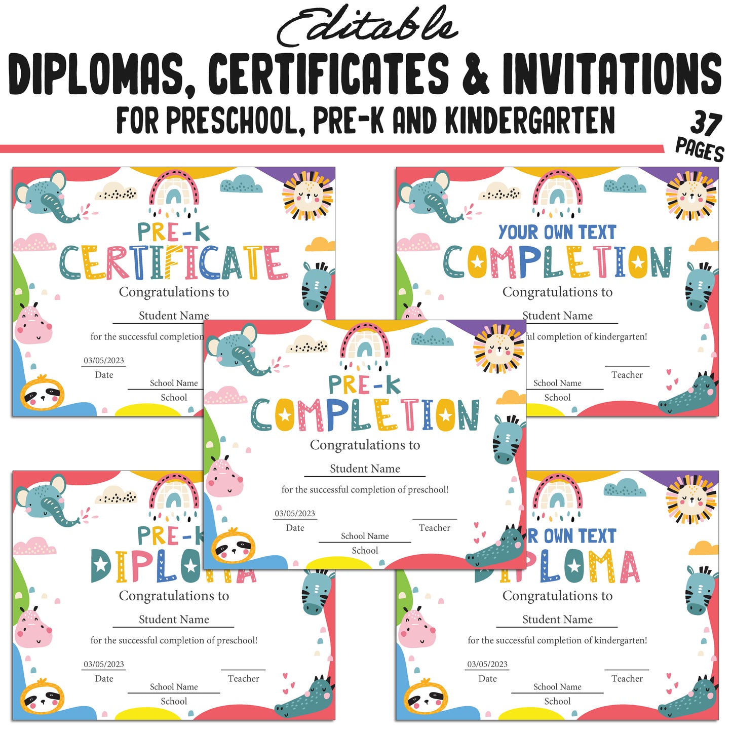 Editable Kindergarten, Pre-K, and Preschool Completion Certificates, Diplomas & Invitations Backgrounds, PDF Files, Instant Download