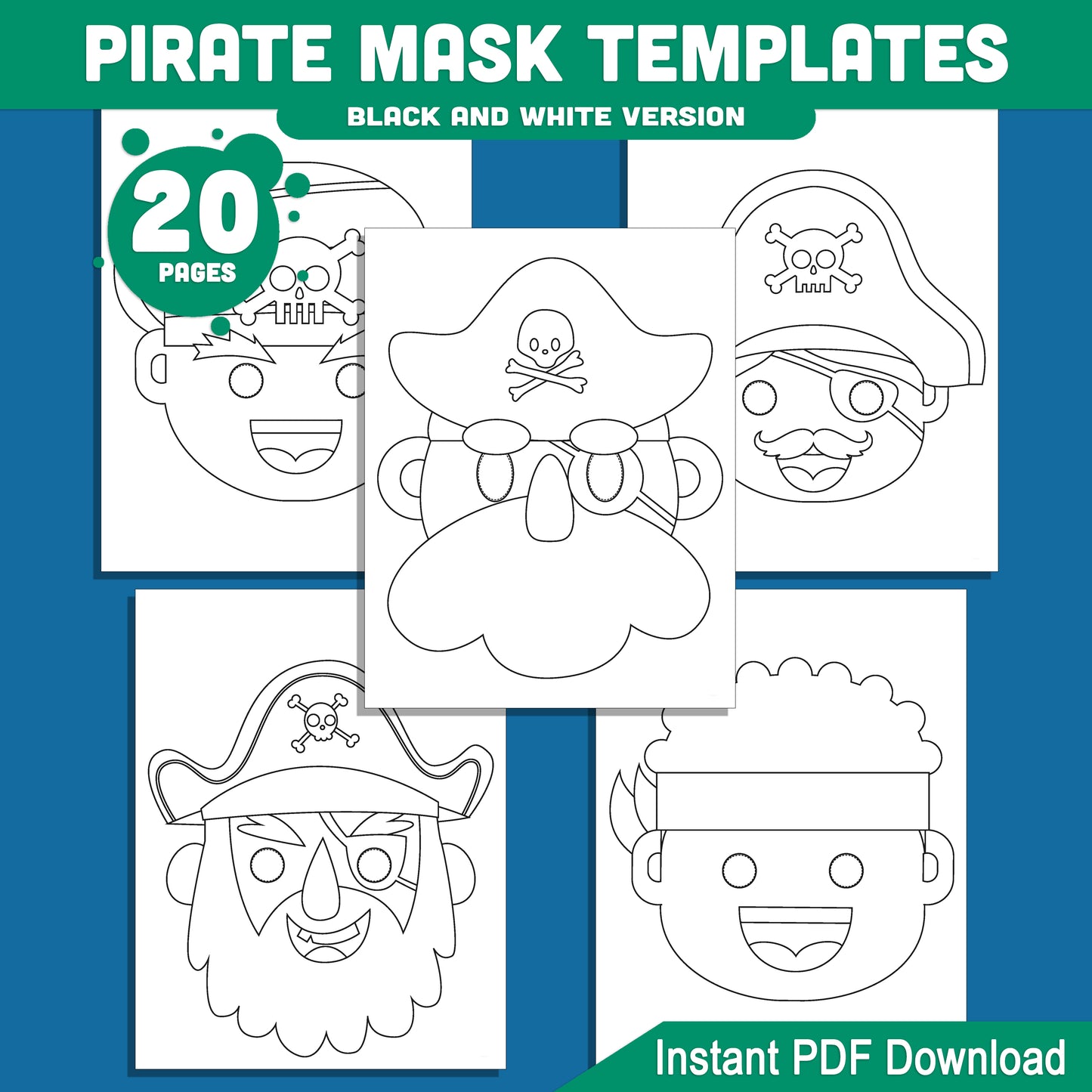 Fun Pirate Mask Templates: 20 Printable Designs for Kids, Pre-Colored & Black and White, Ideal for Costumes, Pretend Play, and Events!