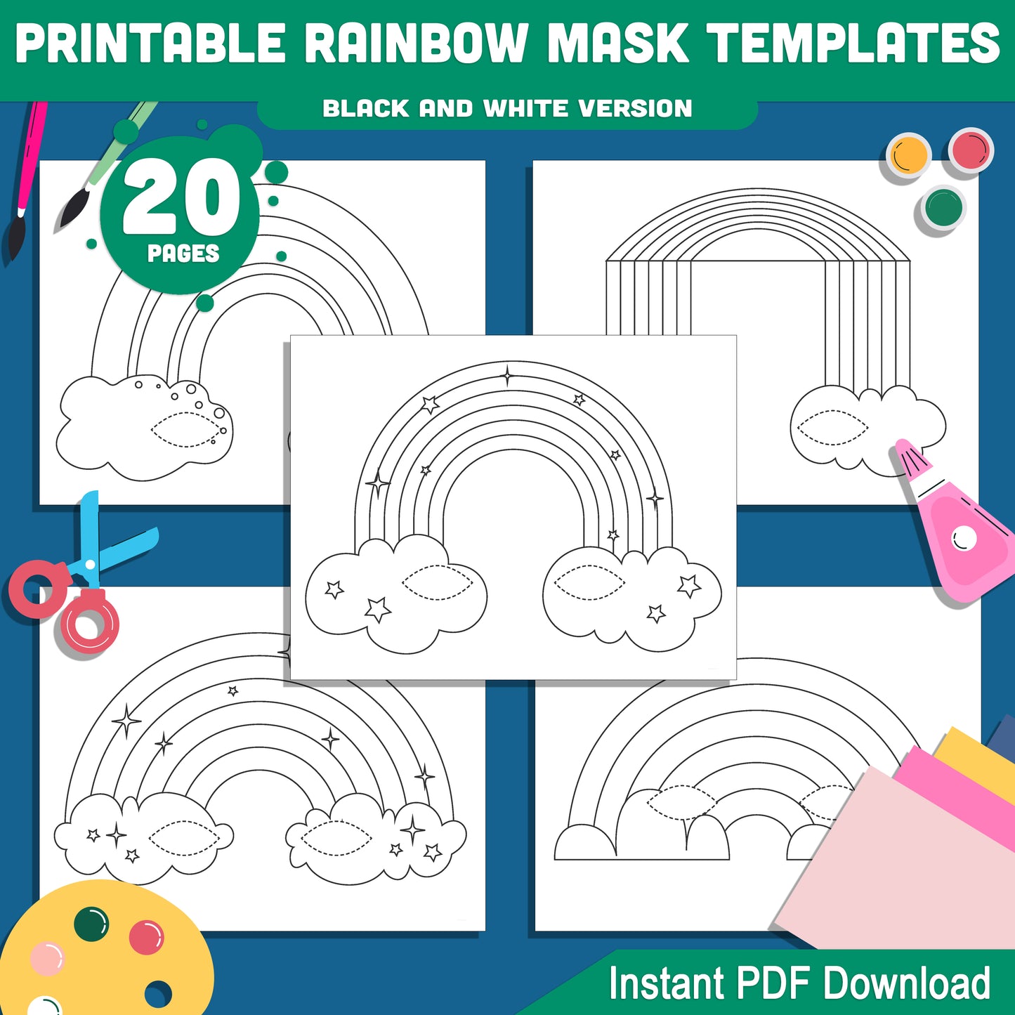 Spring-Themed Rainbow Mask Templates: 20 Creative Pages for Kids’ Dress-Up, Featuring Vibrant Colors & DIY Coloring, Perfect for Play & Events, PDF Download