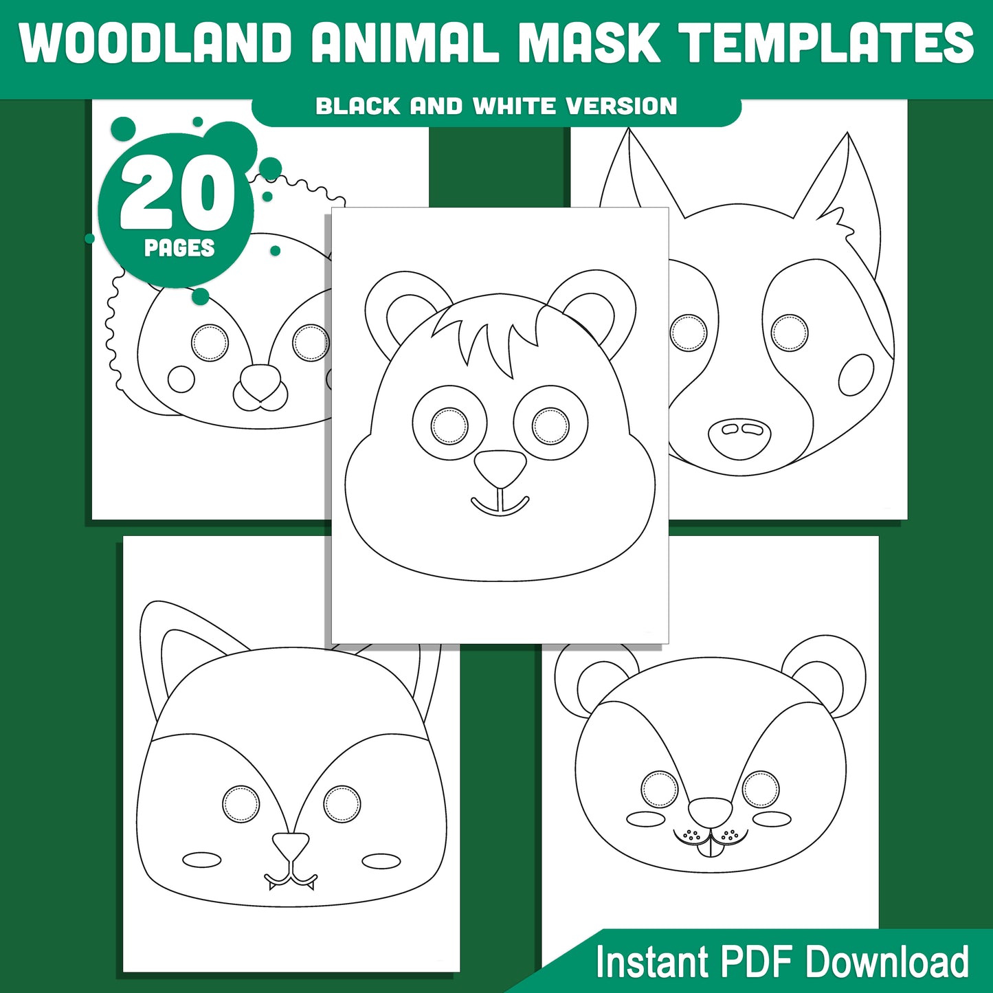 Fall & Autumn Woodland Animal Mask Templates: 20-Page Printable Craft for Kids, Includes Fox, Owl, Deer, Bear, and More, Pre-Colored & Black & White, Great for Parties, Costumes & Classroom Activities