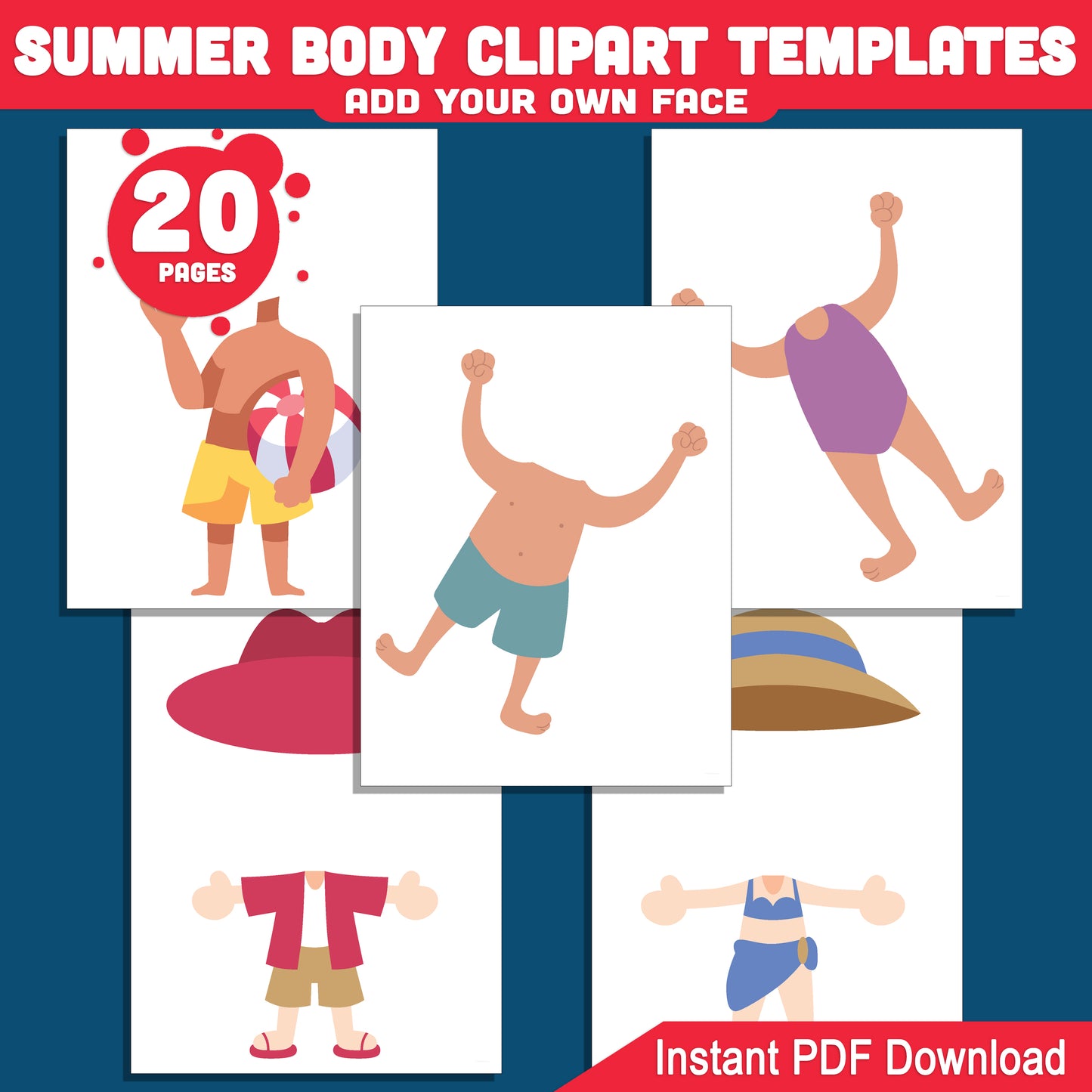 Printable Summer Body Clipart Templates: Add Your Photo, Tropical Beach Cutouts for Kids’ DIY Dress-Up Fun, Easy Craft Project, Light + Dark Skin Tone, PDF + PNG
