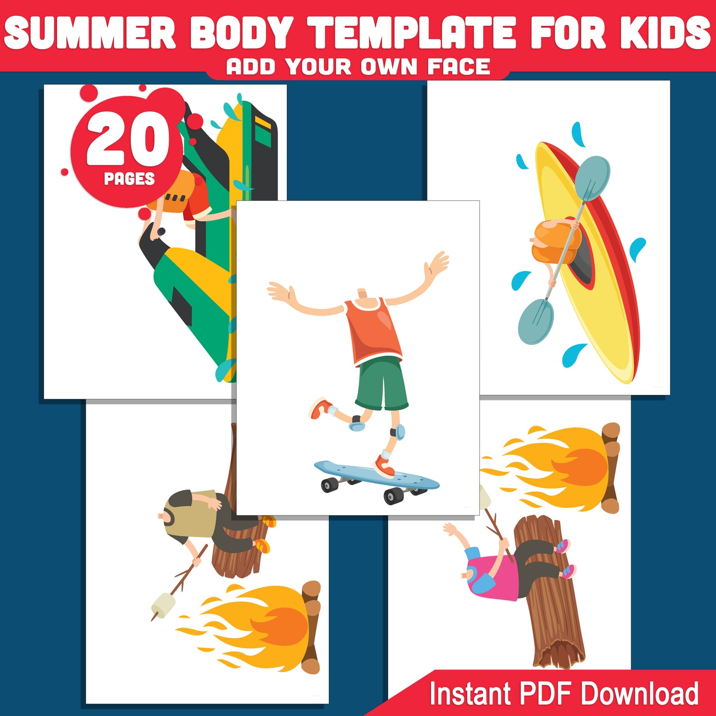 Summer Body Template for Kids: Beach, Outdoor & Camping Printable Activity, Add Your Face Craft, 20 Designs PDF + PNG, Light + Dark Skin Tone Included