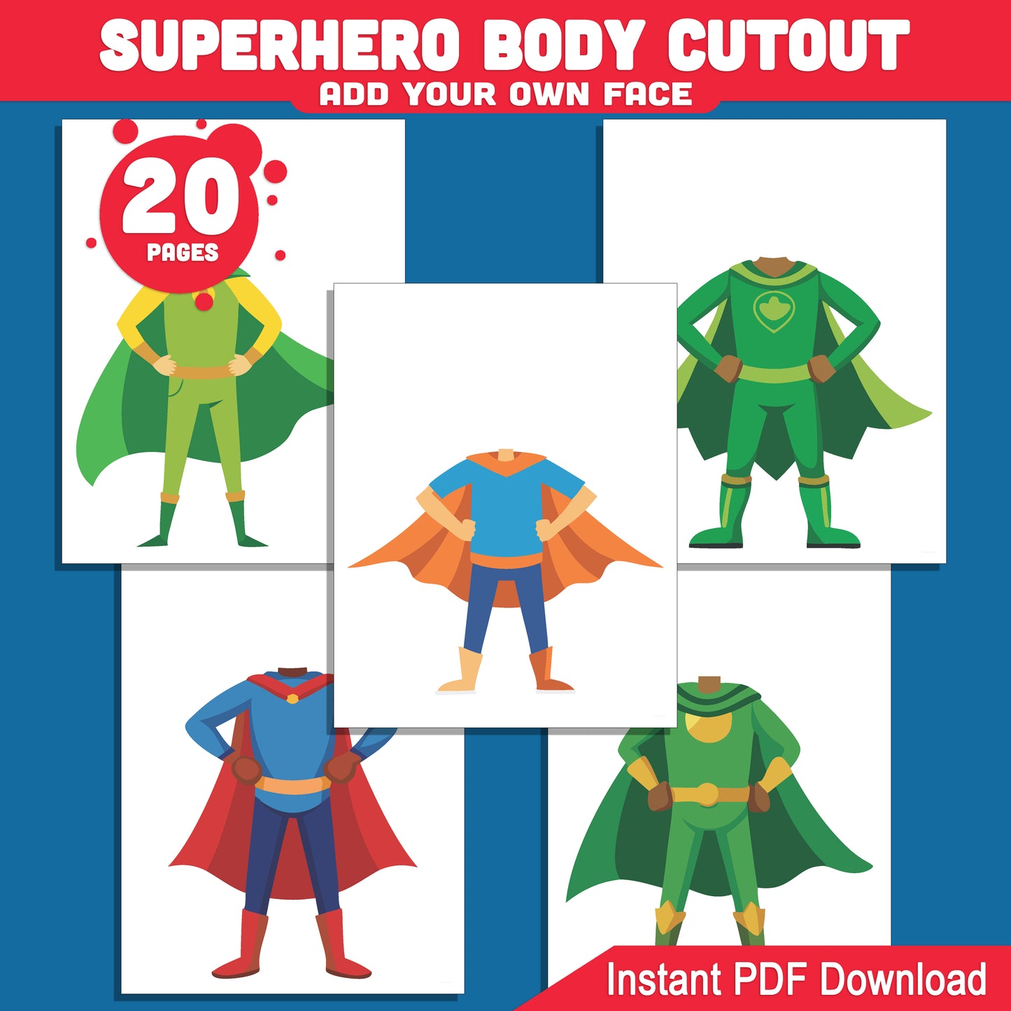 Printable Superhero Body Templates – 20 Add-Your-Face Cutouts for Pre-K, Preschool, and Kindergarten Craft Fun, Light + Dark Skin Tone, Instant PDF + PNG Download