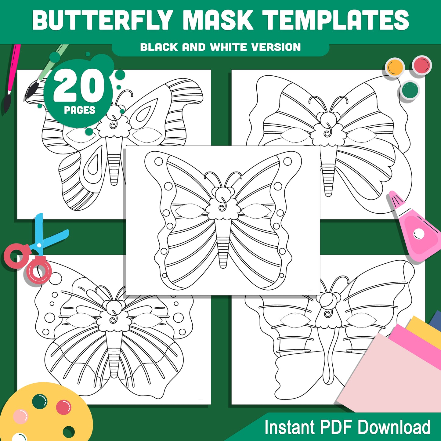 Butterfly Mask Craft Templates: 20 Printable Pages, Spring DIY Activity for Kids, Pre-Colored & Black & White, Great for Dress-Up, Classroom, & Events, Instant PDF