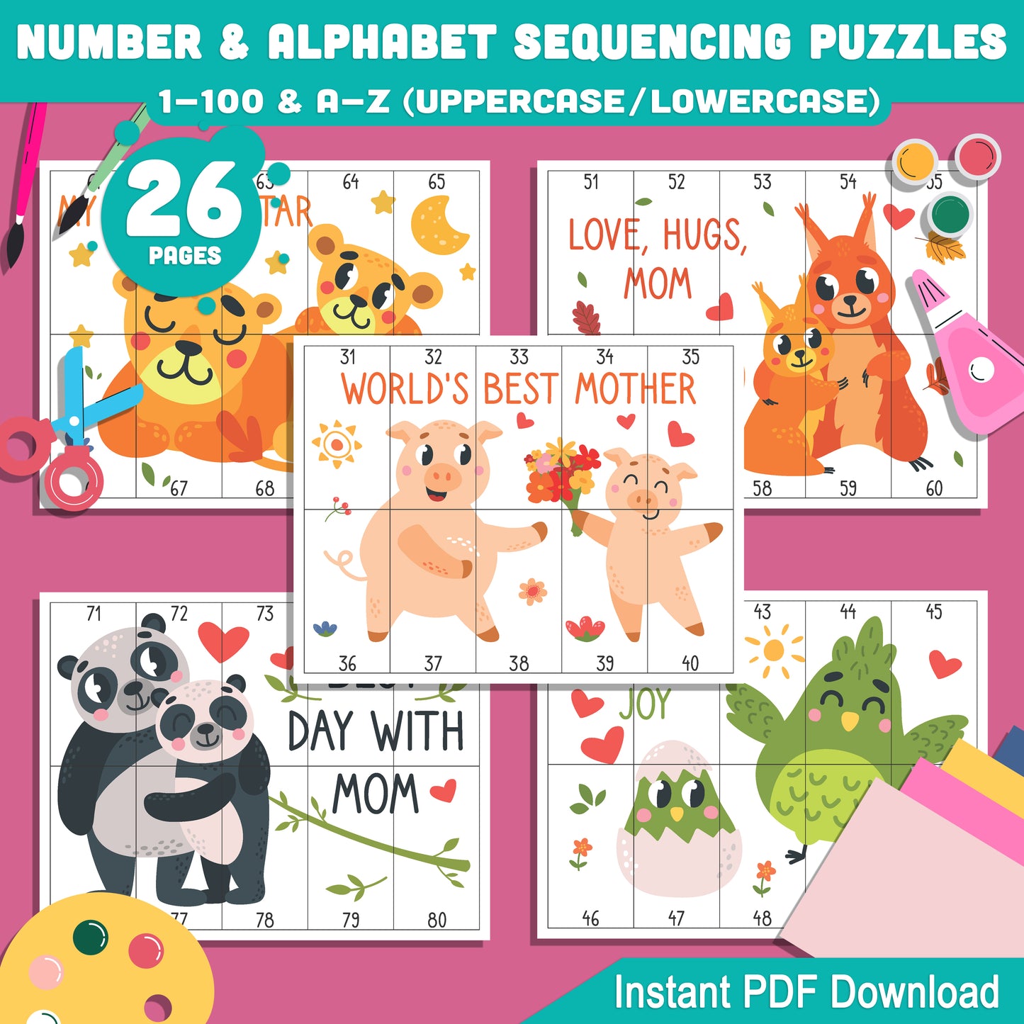 Mother’s Day Themed Number & Alphabet Sequence Puzzles: 1-100 and A-Z (Upper & Lowercase), Printable for Preschool and Kindergarten Activities