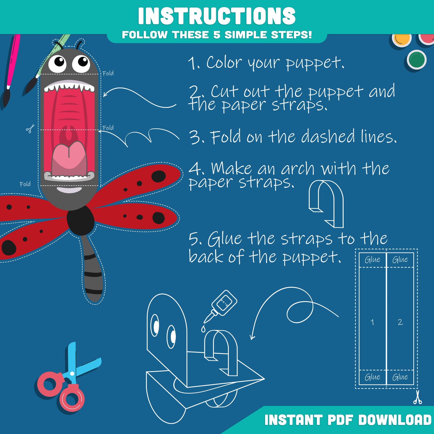 Easy Printable Insect Puppet Templates: 20 Fun Pages for Kids, Includes Dragonfly, Butterfly, Ant, Bee, Grasshopper, Ladybug, and More, Instant Download