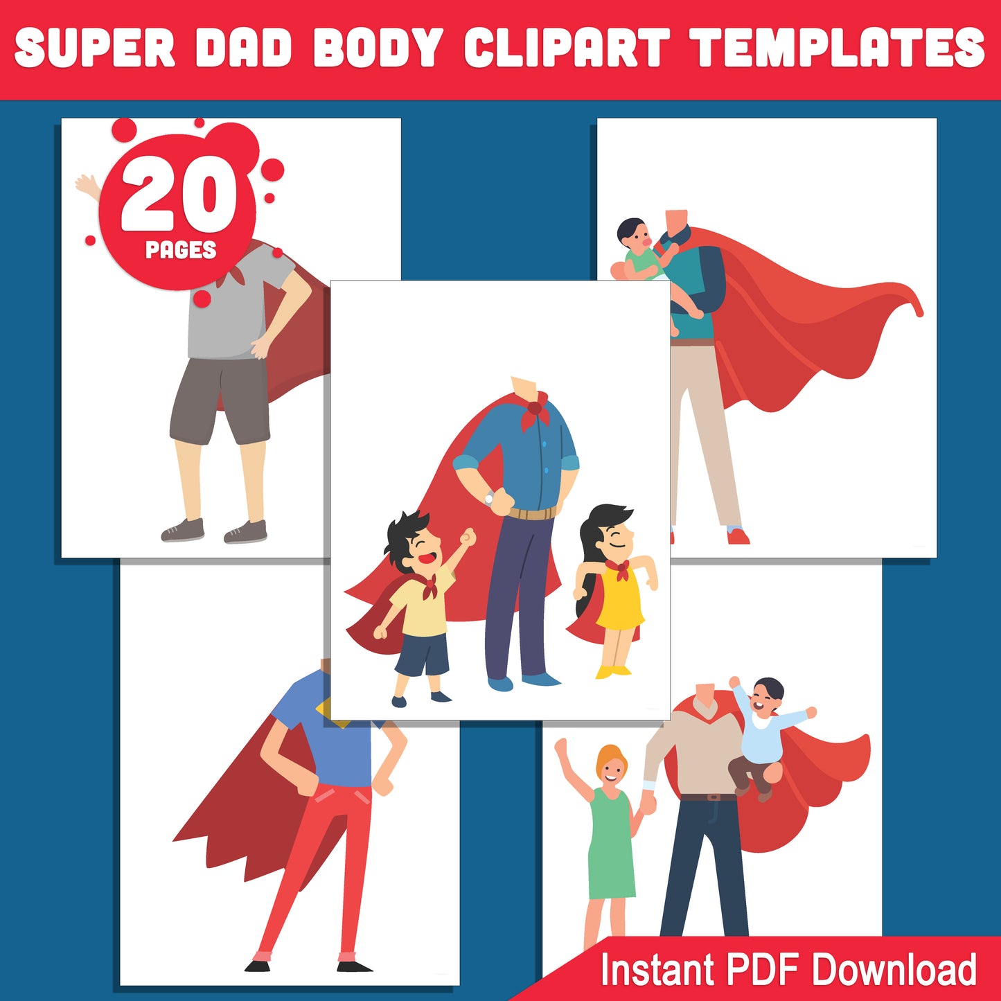 Super Dad Body Template Printables: 20 Creative Clipart Designs, Add Your Dad’s Face, Perfect for Kids’ Crafts & Father’s Day, Instant PDF Download