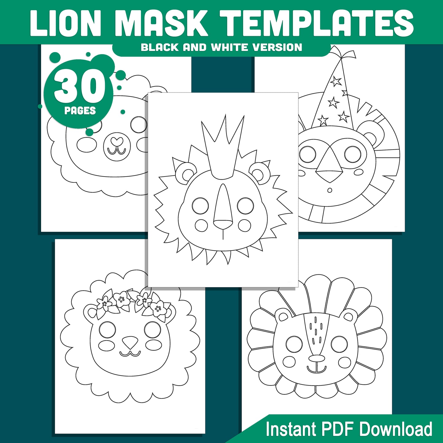 DIY Lion Mask Templates – Fun Printable Face Masks for Kids, Ideal for Birthday Parties, Costumes & Playtime, Black-and-White & Colored PDF, Instant Download