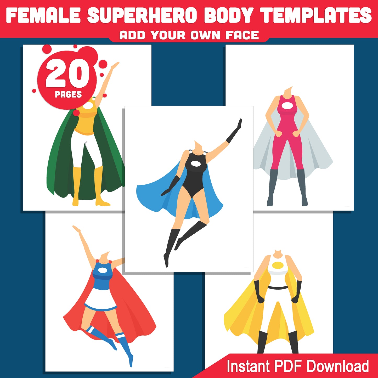 Printable Female Superhero Body Cutouts with Add Your Own Face Feature, Great for Classroom or Home Craft Projects – Lith and Dark Skin Tone, PDF + PNG Download
