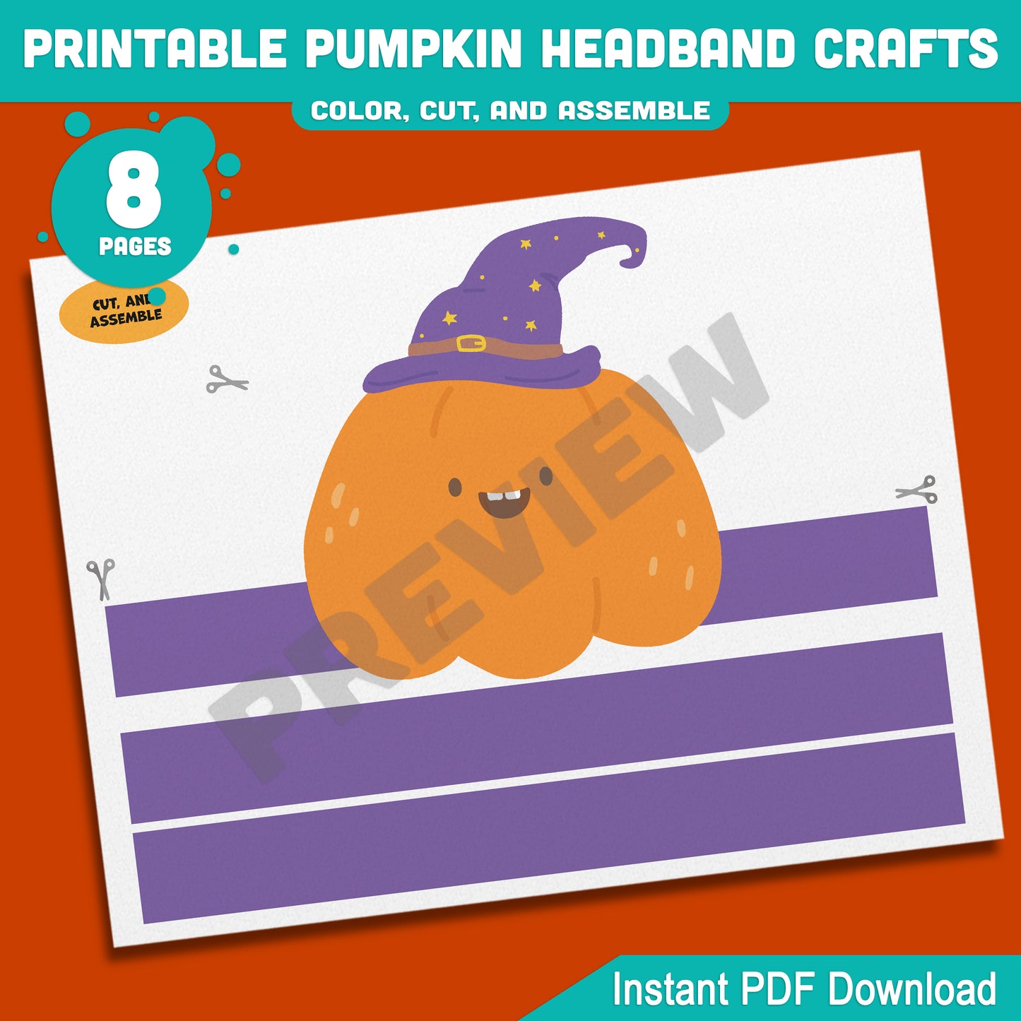 Printable Pumpkin Headband Crafts, Autumn Paper Crown and Hat Coloring Activity, Cut, Color & Wear for Kids, 5 Designs, Pre-colored + Black & White, PDF Download