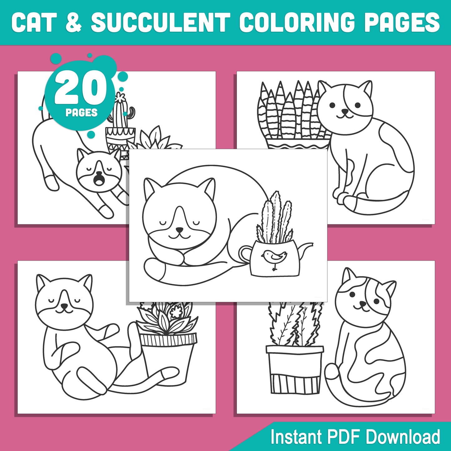 20 Cat and Succulent Coloring Pages for Kids & Adults β Fun, Relaxing, and Creative Activity, Printable PDF Instant Download