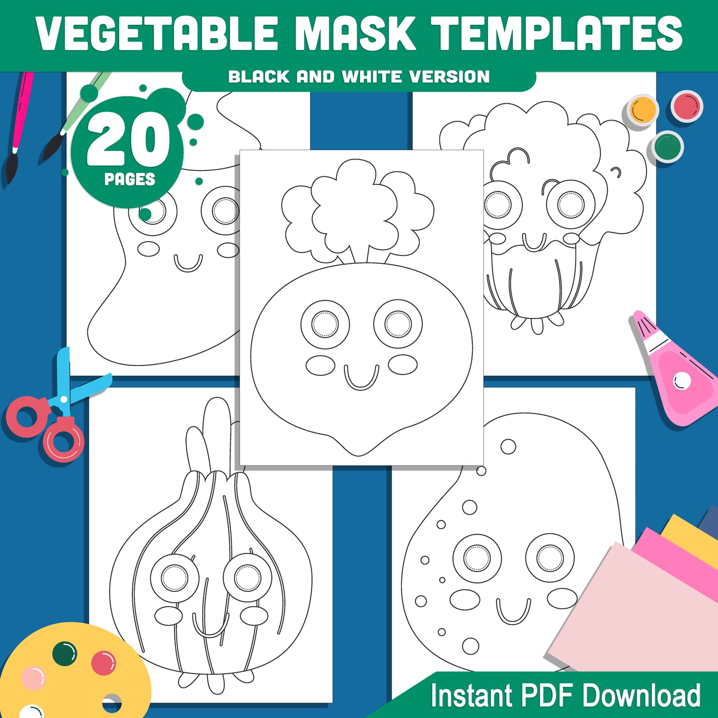 DIY Printable Vegetable Mask Templates: 20 Fun Kids’ Craft Pages, Pre-Colored & Black & White, Featuring Tomato, Broccoli, Bell Pepper, Carrot, Corn, Chili, Radish, Onion, Potato & Chinese Cabbage, Great for Play & Learning, Instant PDF