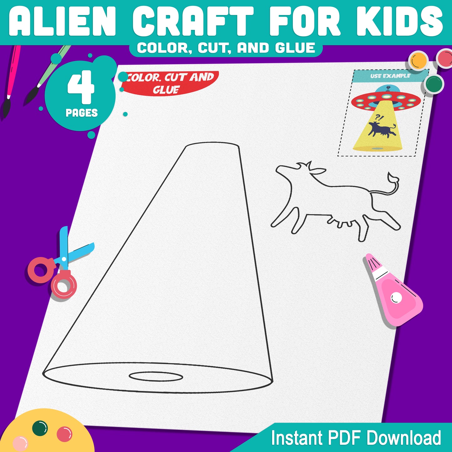 Alien Craft for Kids: Fun Printable Templates for Space-Themed Cut and Glue Activity, 4 Pages with Pre-Colored + Black & White