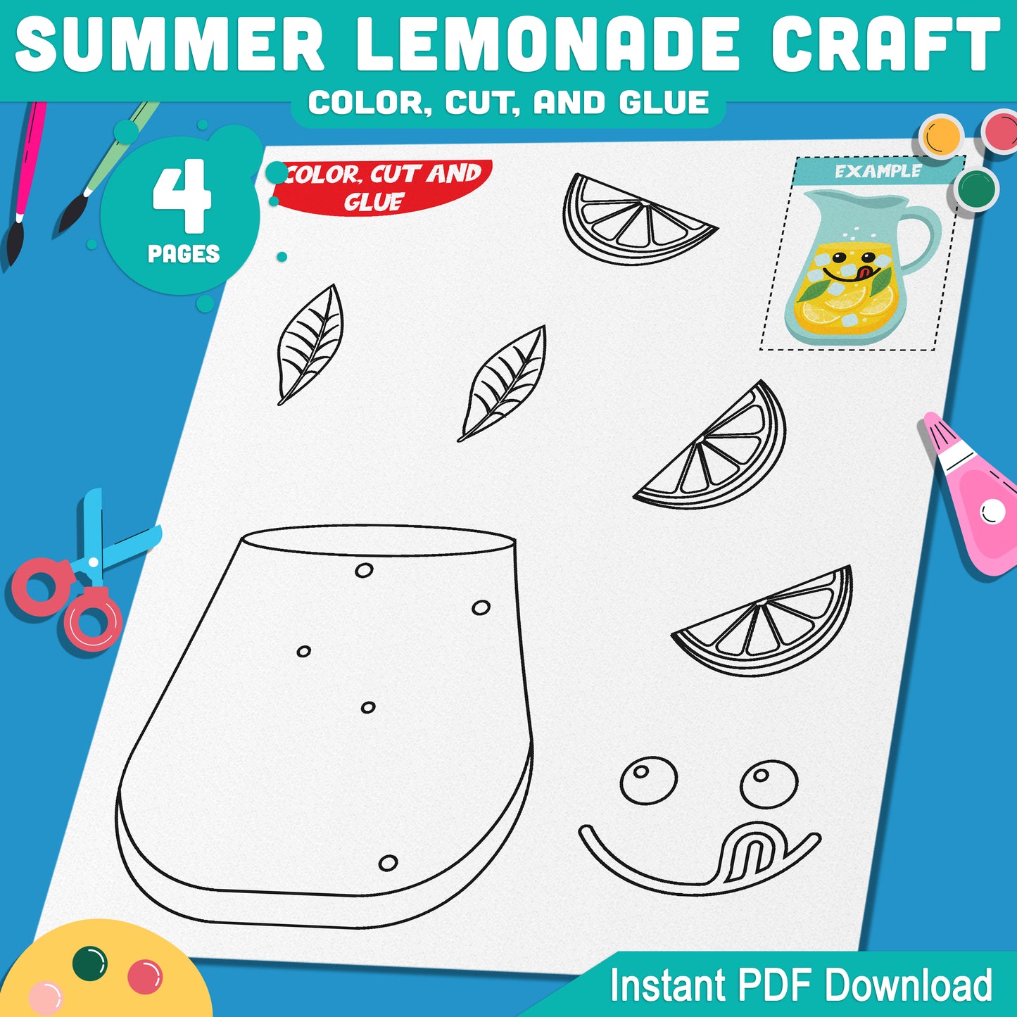 Summer Lemonade Craft, Scissor Skills Printable, Refreshing Drink Creation, Warm Weather Learning Packet, Instant PDF
