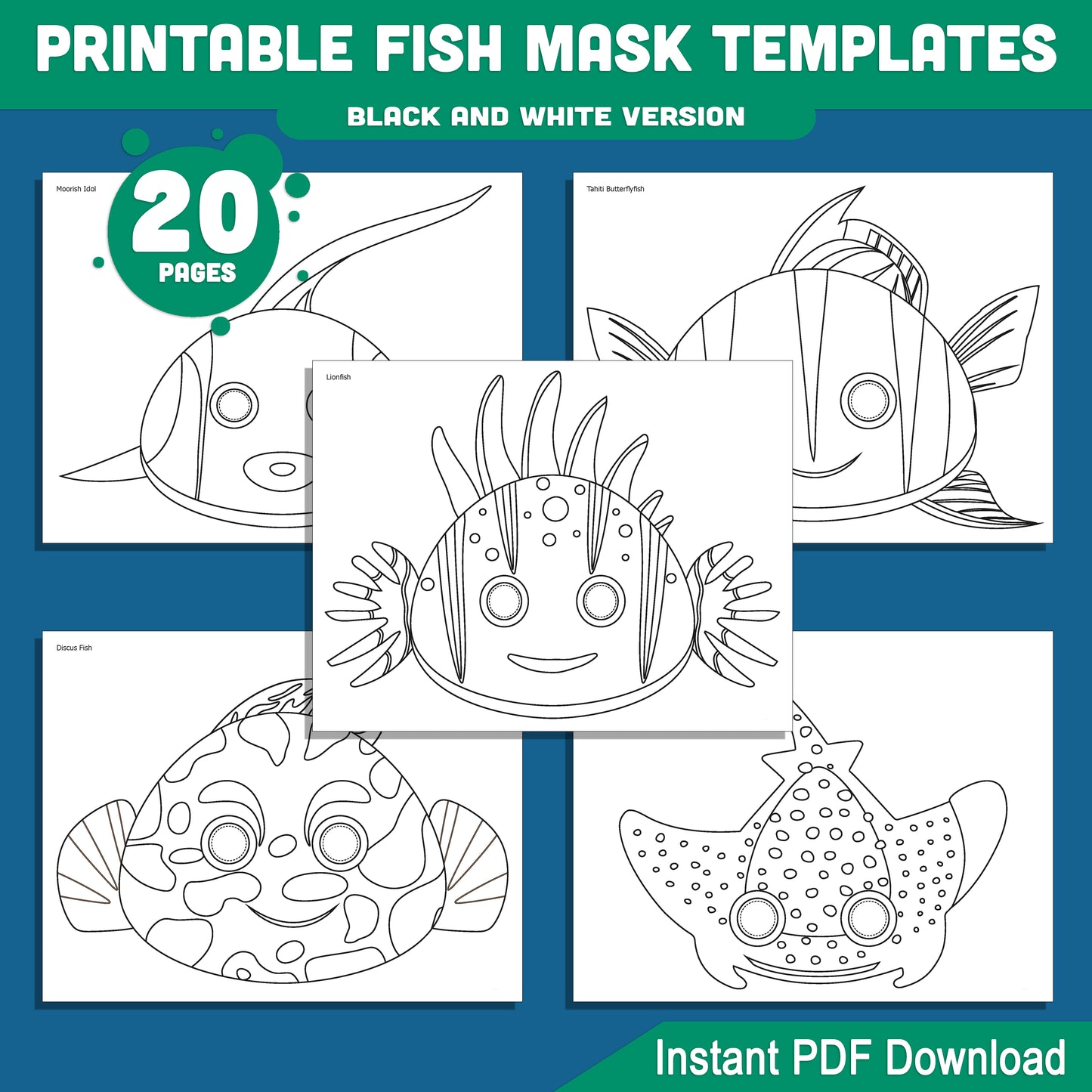 DIY Fish Mask Templates – Fun Printable Coloring Masks for Kids' Parties, Costumes & Activities, Pre-Colored & Black-and-White PDF for Instant Use