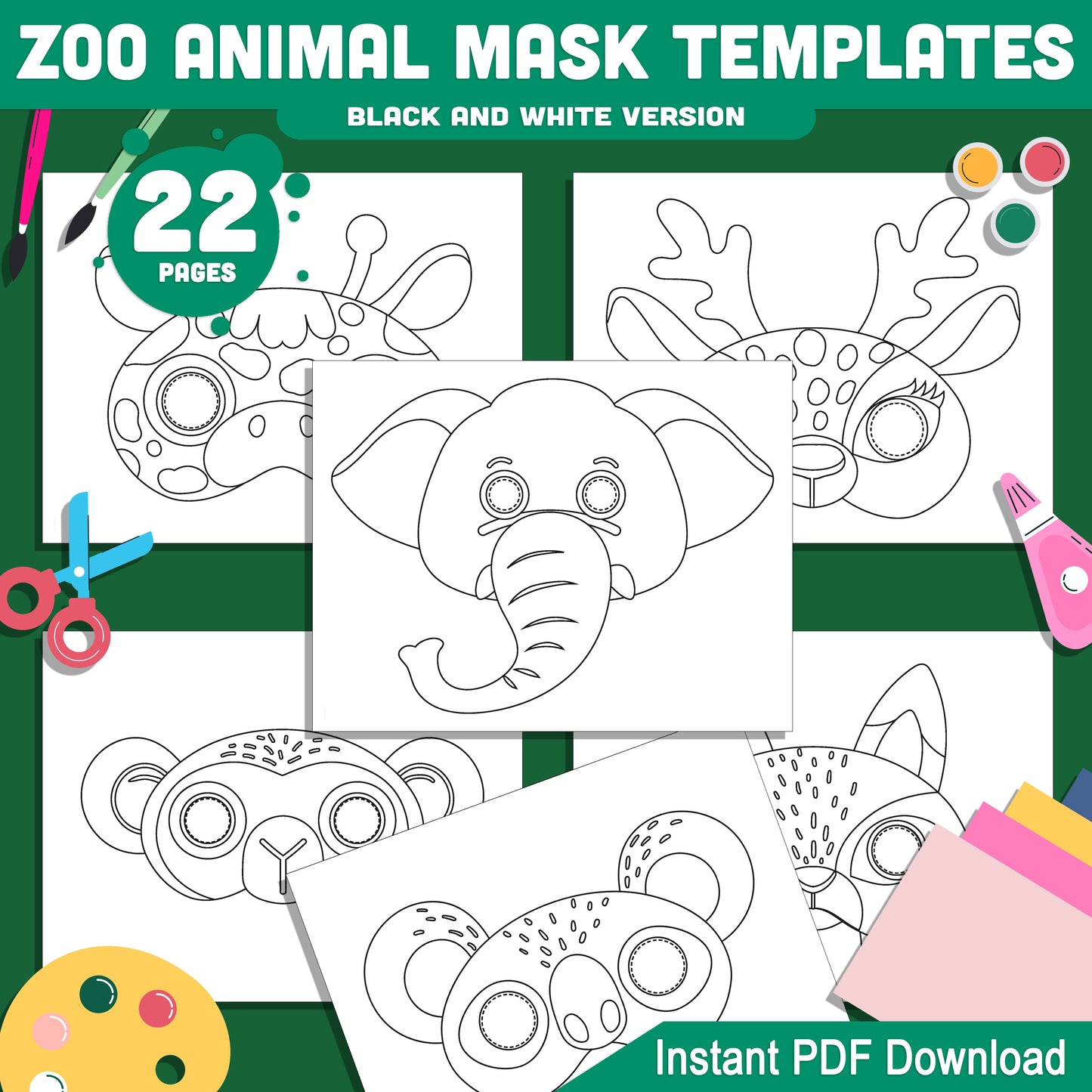 Zoo & Jungle Animal Mask Templates: 22 Fun Printable Masks for Kids, Pre-Colored + Black & White, Great for Parties & Pretend Play, Instant PDF Download