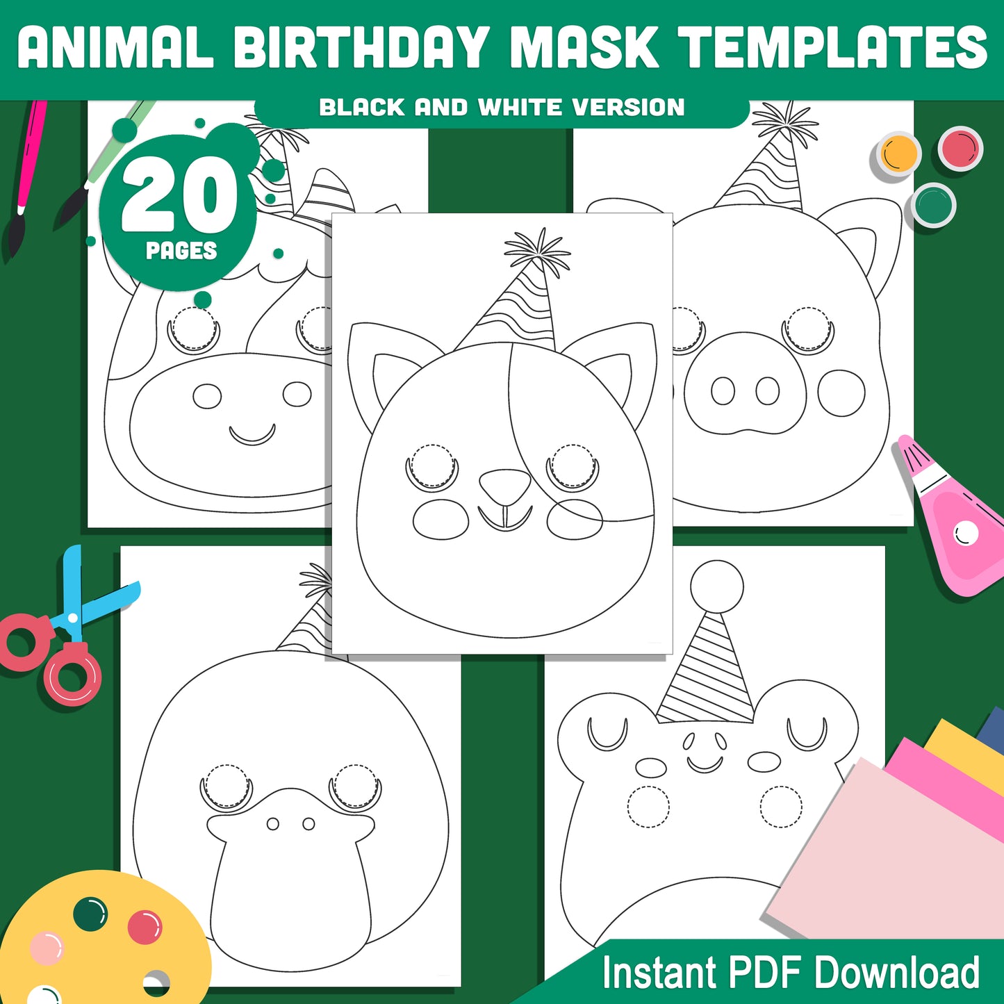 Animal Birthday Party Mask Templates: 20-Page Printable Craft for Kids, 10 Cute Designs to Cut & Wear, Pre-Colored + Black & White, Instant Download