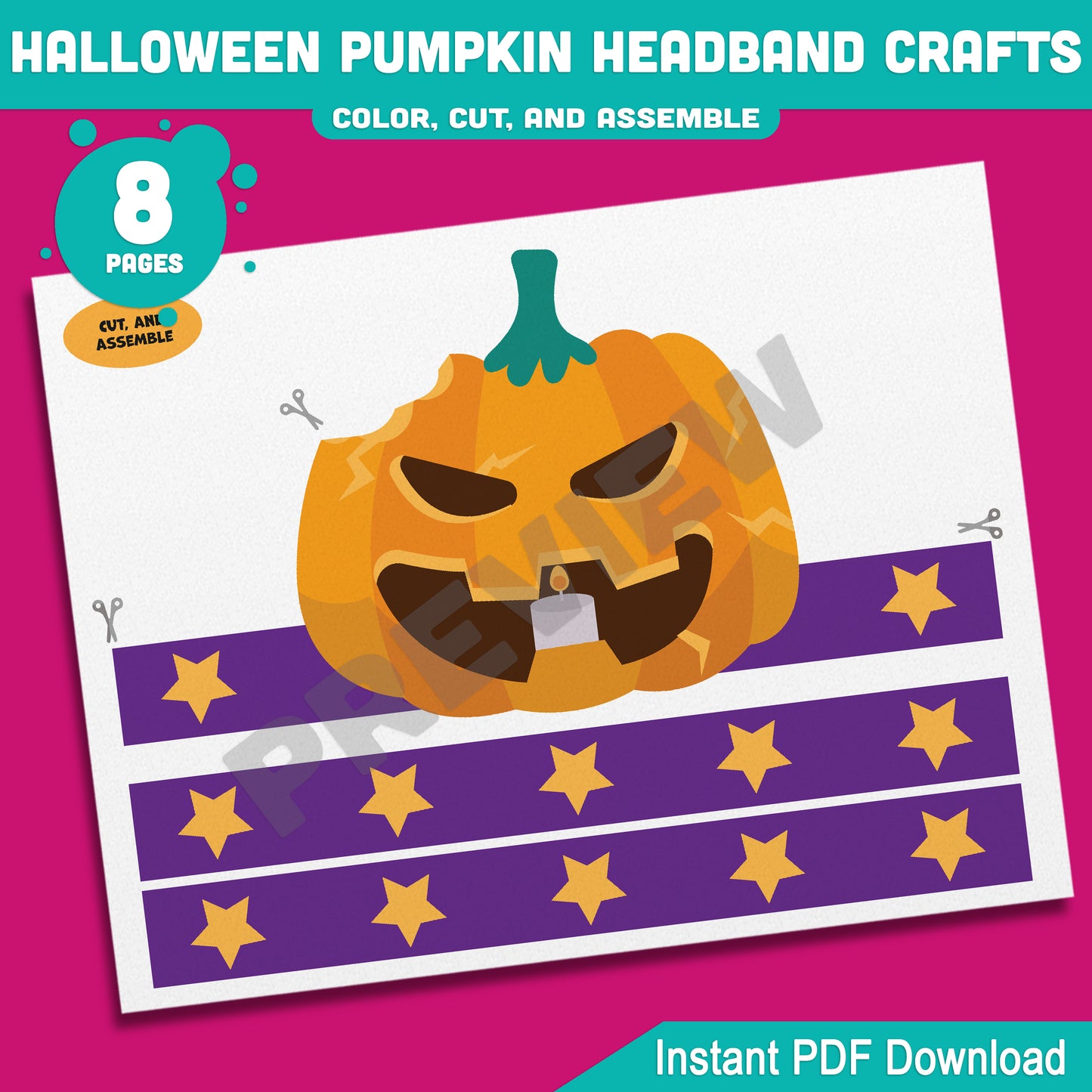 Halloween Pumpkin Headband Crafts for Kids – 4 Fun Designs, Pre-Colored & Black and White, Perfect Preschool, Pre-K, Kindergarten Drama Activity