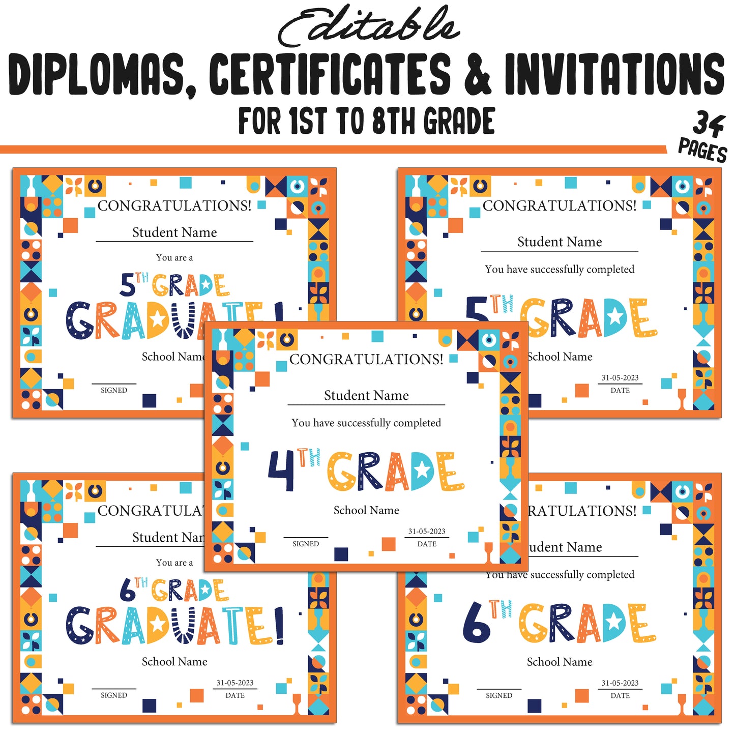 Editable Diplomas for 3rd Grade, Certificates for 1st-8th Grade, and Invitation Templates in a Mosaic Theme - 34 Pages, PDF Instant Download
