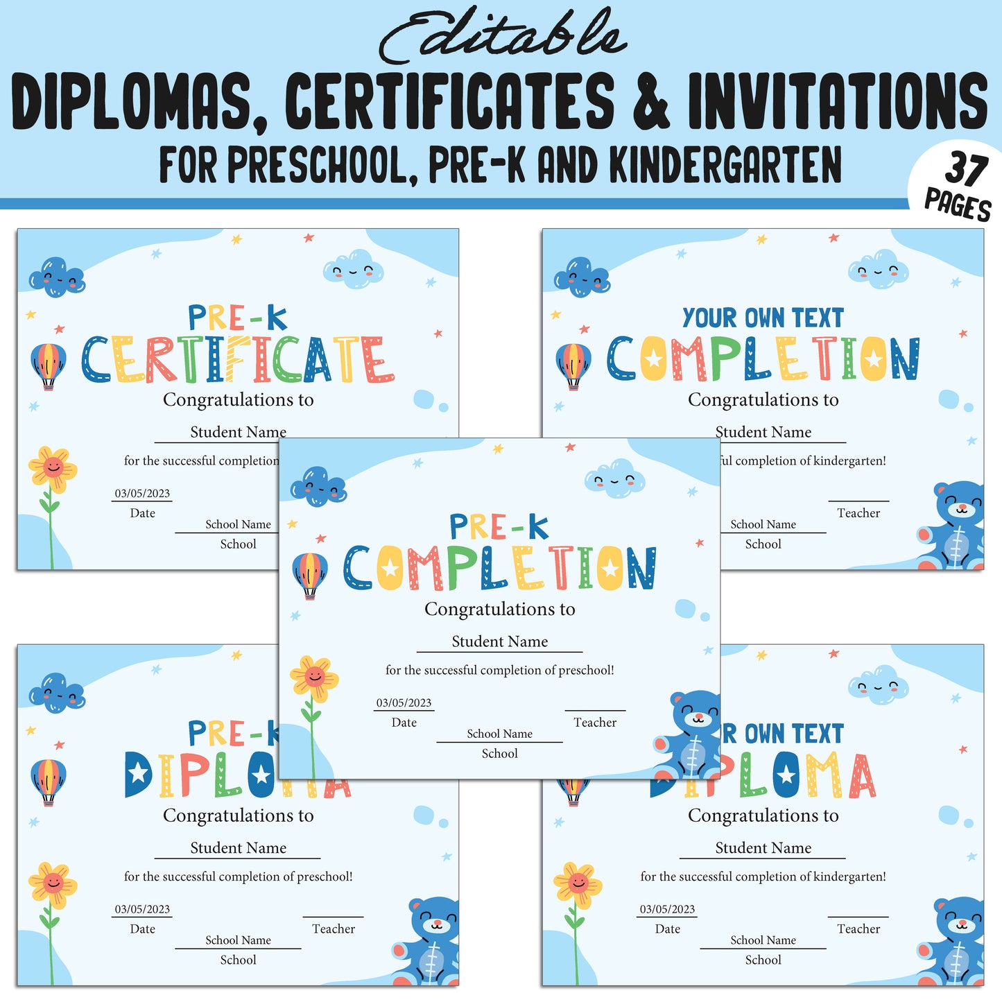Preschool Diploma Template, PreK, Preschool, Kindergarten Diplomas, Certificates & Invitations β 37 Customizable PDF Pages, Instant Download