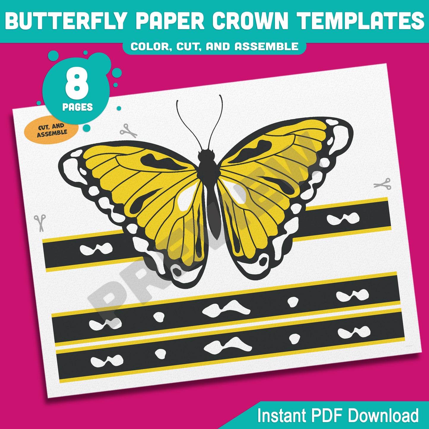 Printable Butterfly Paper Crowns – 4 Adorable Designs for Spring Headband Crafts, Pre-Colored + B&W Versions, 8 Pages for Kids