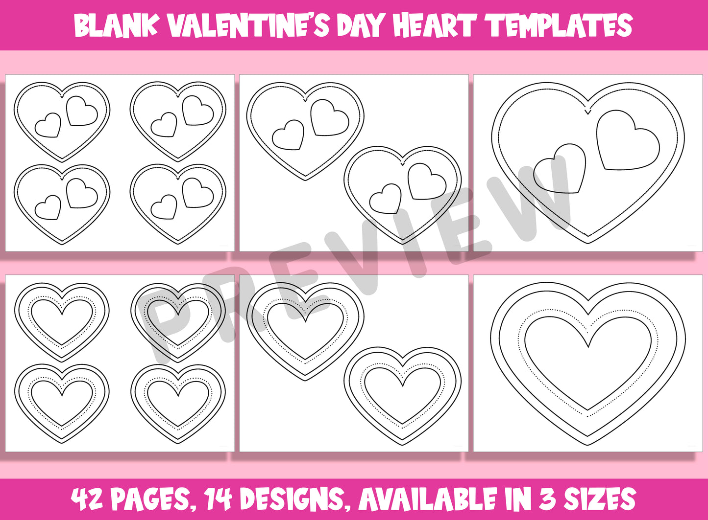 Blank Valentine's Day Heart Templates, Coloring Clipart Bundle, 42 Pages, 14 Designs, Available in 3 Sizes, PDF File, Instant Download