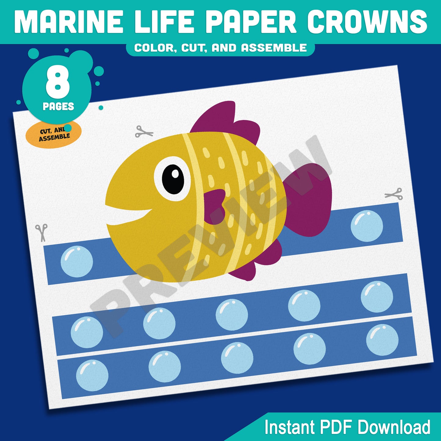 Marine Life Paper Crowns β Printable 8-Page Set with Pre-Colored + Black & White Sea Creatures, Great for Crafts and Pretend Play Activities