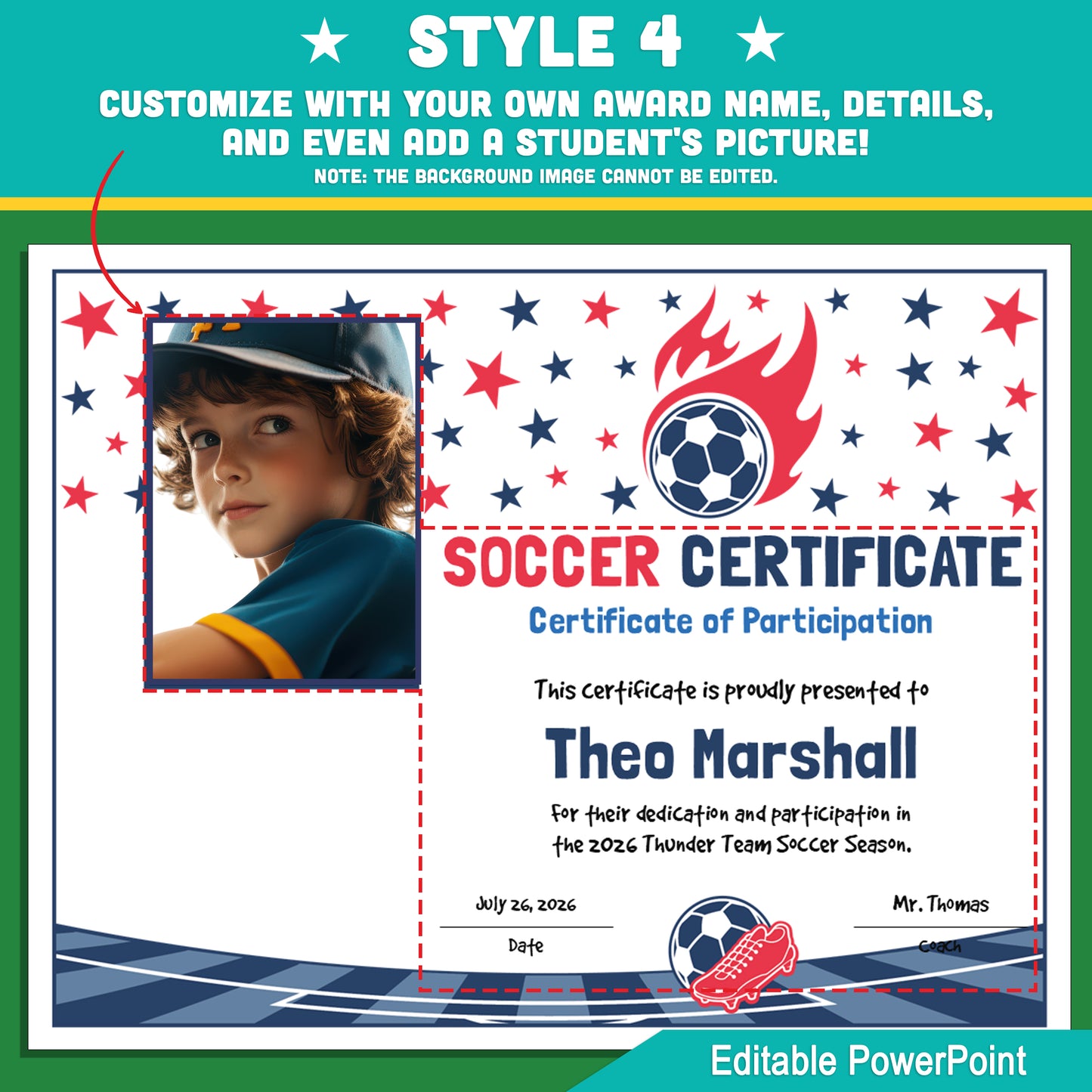 Editable Soccer Certificates | 4 Styles with Photo Options | Youth Team Awards, Player Recognition - 8.5x11 PowerPoint Instant Download