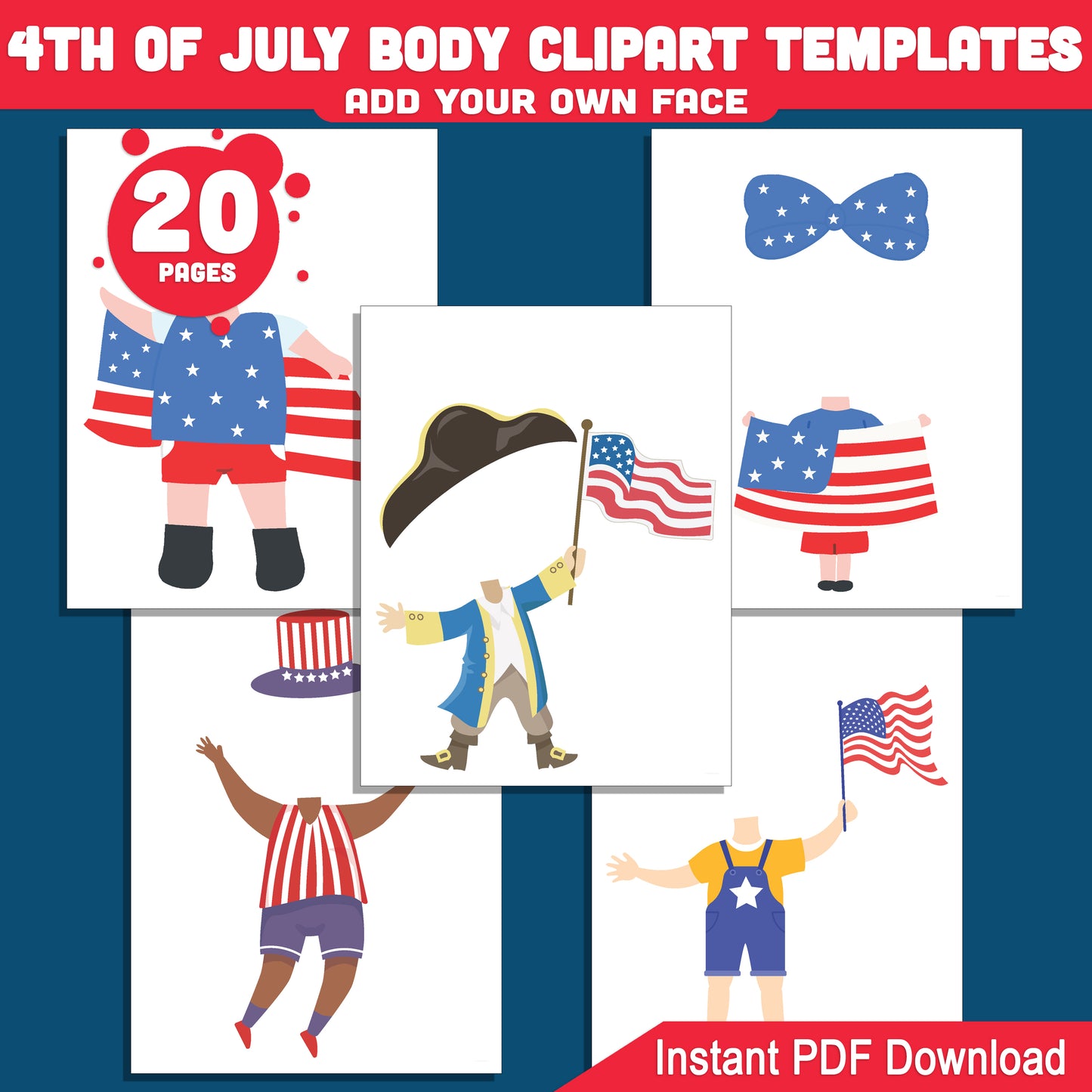 4th of July Body Cutout Templates: Add Your Face, Fun Patriotic Printable Figures for Kids' DIY Craft and Decorations,Light + Dark Skin Tone, PDF + PNG