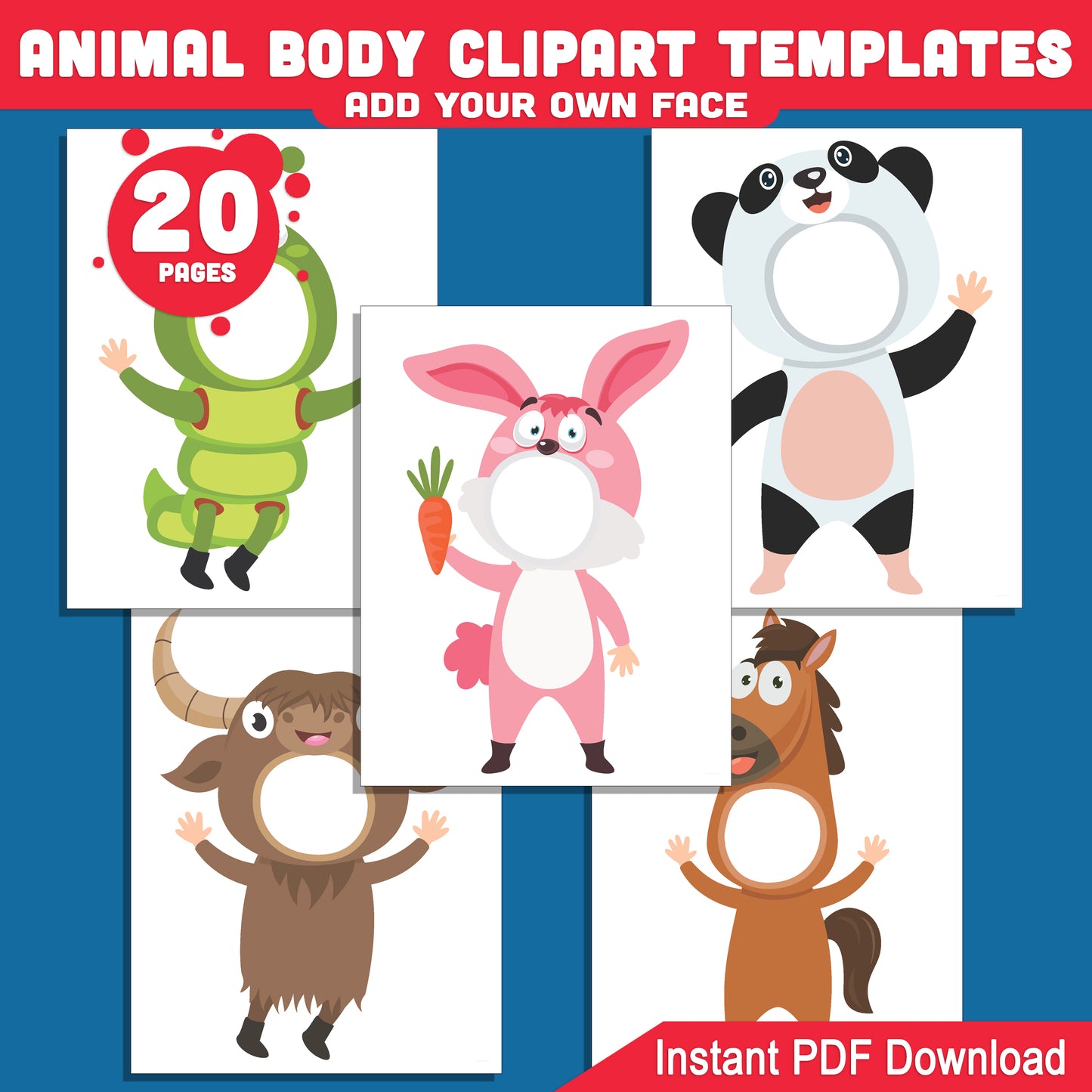 Funny Animal Body Cutouts: DIY Face Swap Craft with Animal Body Clipart Templates, Add Your Own Face for Creative Kids’ Fun, Cute Designs, Light + Dark Skin Tone, PDF + PNG