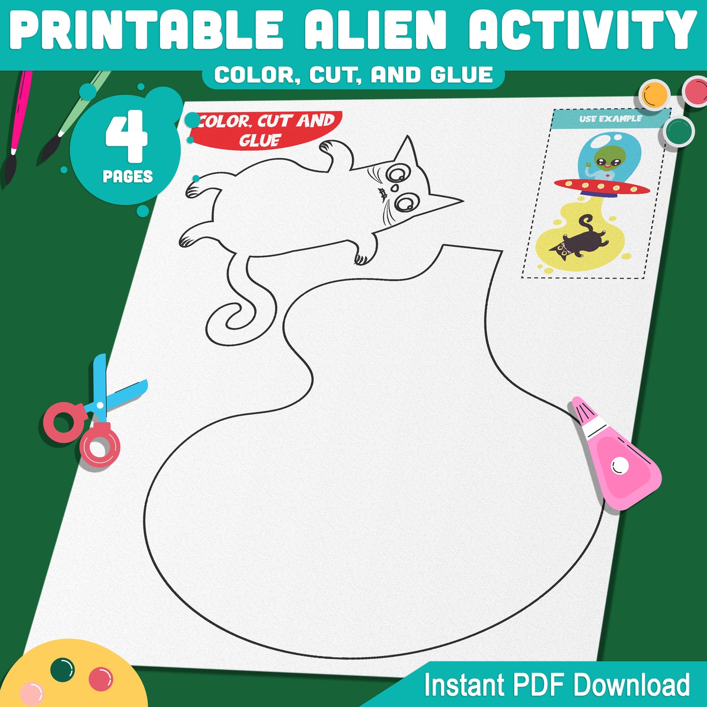 Printable Alien Activity: Fun Cut and Glue Space Craft for Kids, Includes Aliens & Spaceships, 4 Pages, PDF Instant Download