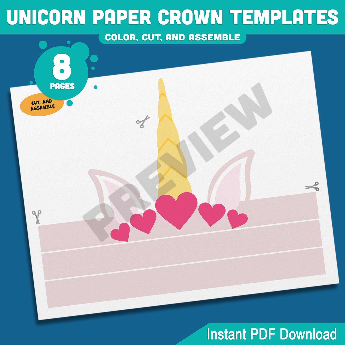 Unicorn Paper Crown Templates, Printable Headband Hat for Kids, 8 Pages, 4 Designs in Pre-Colored and Black & White, Instant PDF Download.