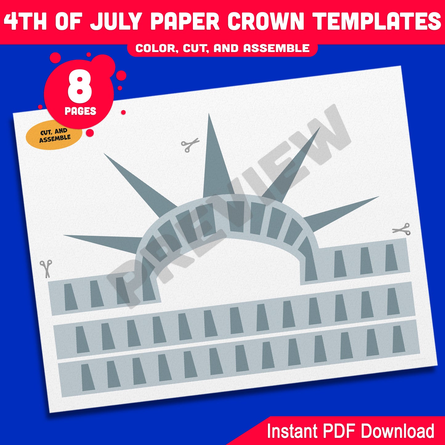 Independence Day Paper Crowns – 4 Printable USA-Themed Hat Designs for Kids in Color & Black & White, Fun Craft for July 4th, 8 Pages
