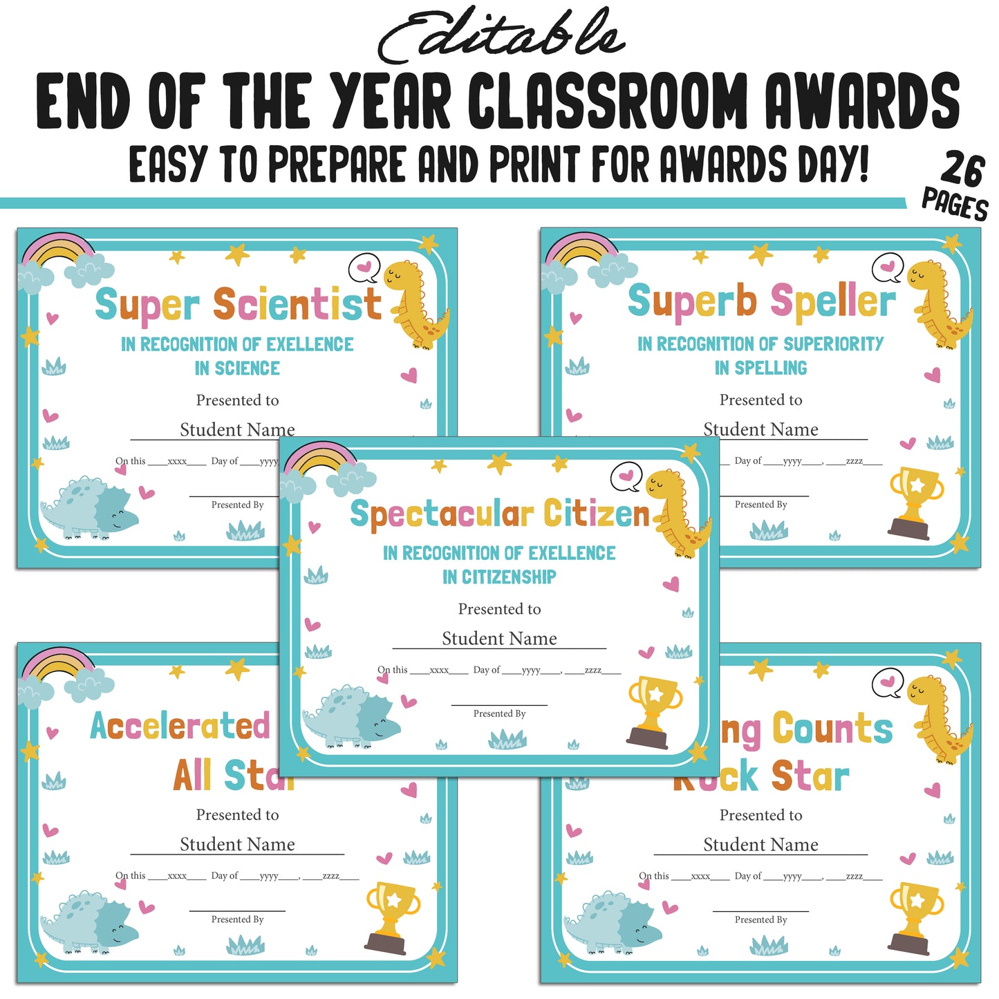 Editable End of Year Class Superlatives Awards Certificates β 26-Page PDF with Adorable Dinosaur Theme β Instant Download