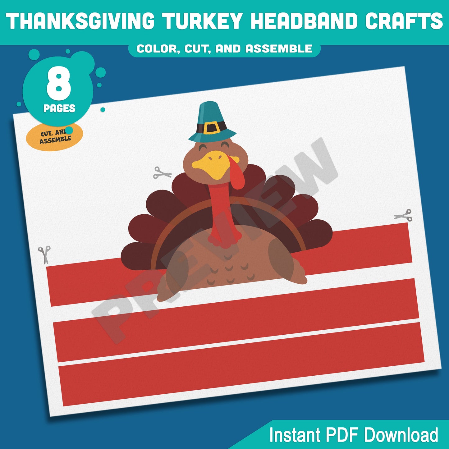 Printable Thanksgiving Turkey Headband Crafts, Fall Paper Crown Hat for Kids, Color, Cut & Wear Autumn Activity, 5 Turkey Designs, Pre-colored + Black & White, PDF