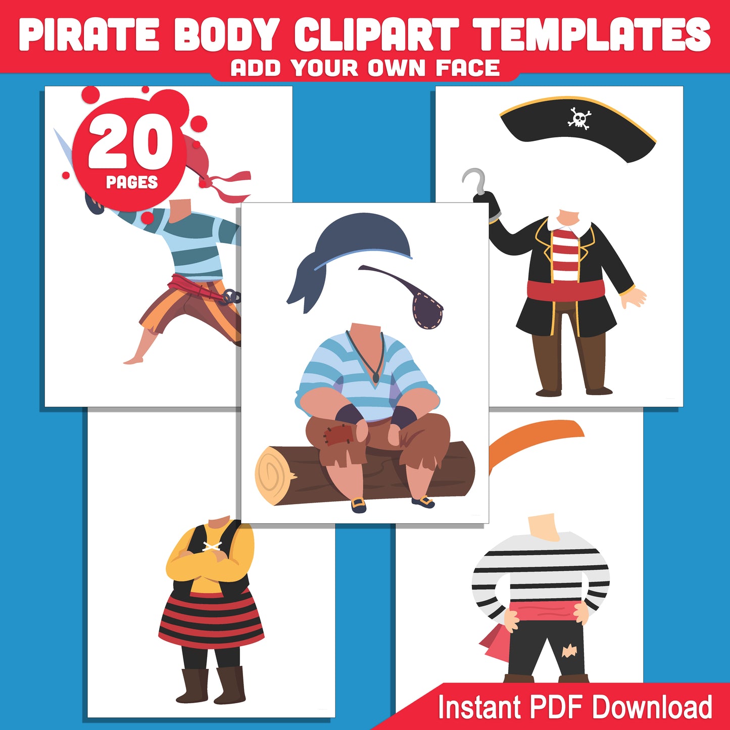 Pirate Body Clipart Templates: Add Your Own Face, 20 Fun Printable Pirate Cutouts for Kids’ Arts & Crafts, DIY Adventure Play, Instant PDF Download.