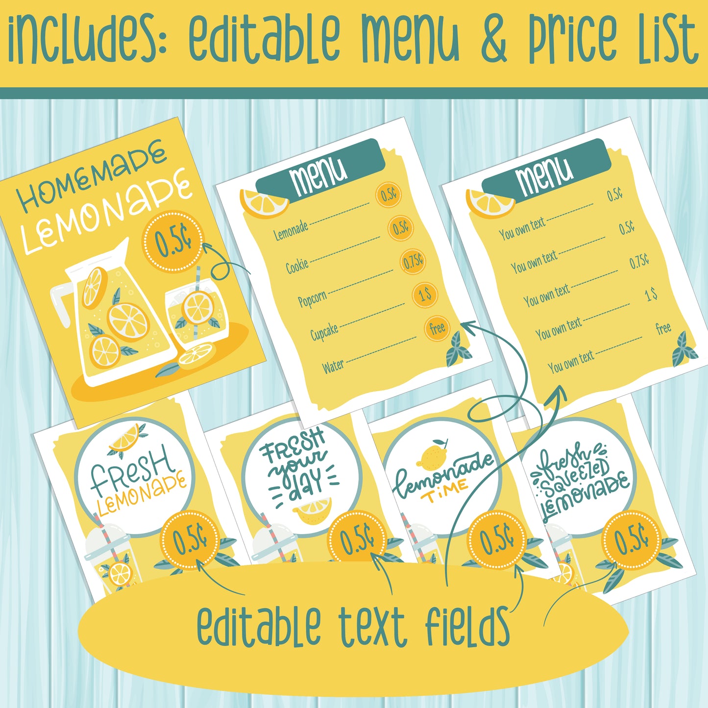 Editable Lemonade Stand Printable Kit: Summer Activity, Dramatic Play, Sunshine Party Decor, 62 Pages of Signs Posters Labels Tags & Banners, PDF Download