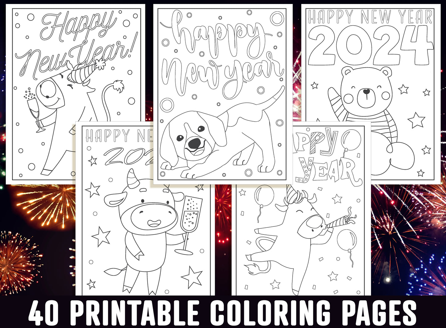 2024 New Year Coloring Pages, 40 Printable Happy New Year Coloring Pages for Kids, Boys, Girls, Teens. New Year Party Activity, PDF Download