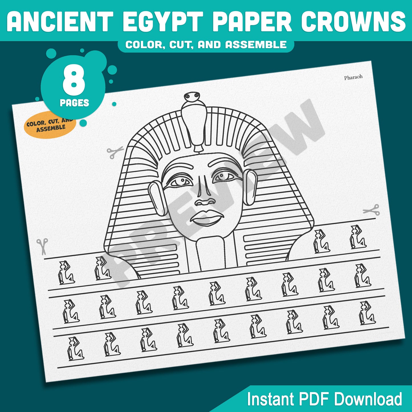 Ancient Egypt Crown Templates – Fun Printable Kids Craft with Pharaoh, Cleopatra, Anubis & Thoth Designs, Easy DIY Headbands, PDF Instant