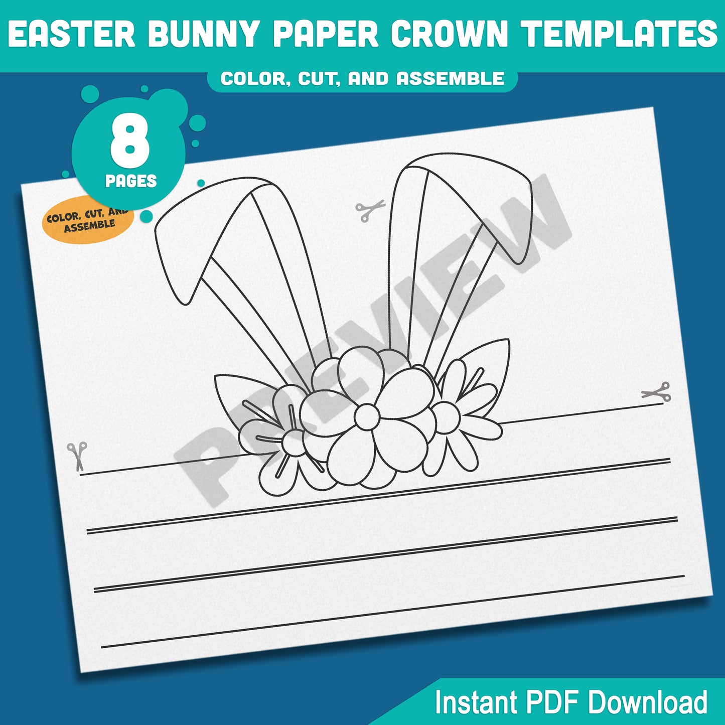 Easter Bunny Hat Paper Crown Templates, 8-Page Printable Rabbit Ears Headband for Kids, 4 Cute Designs in Color & Black and White, Fun Spring Craft for Easter Celebrations, Instant PDF Download.