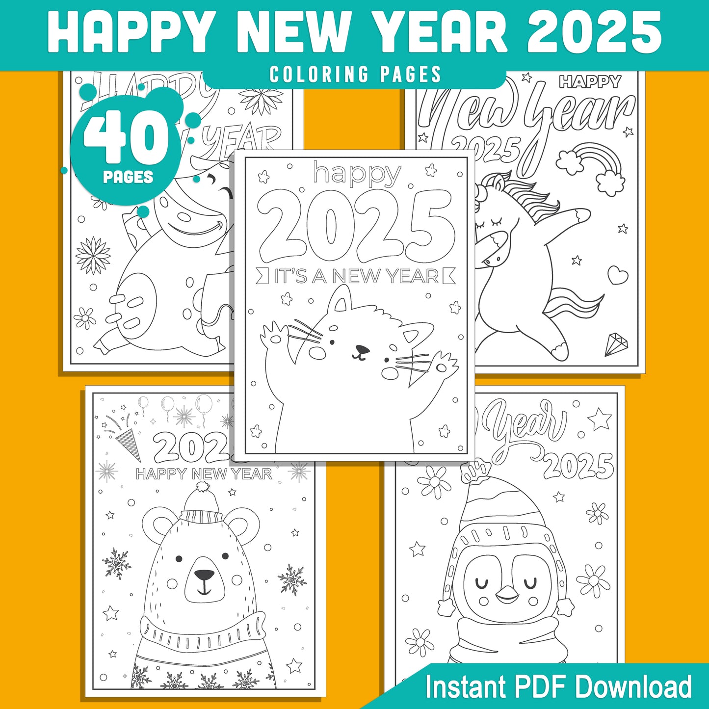 Kids' 2025 New Year Coloring Pages: 40 Funny Animal Prints for Holiday Fun, Creative Printable Activities, PDF Instant Download